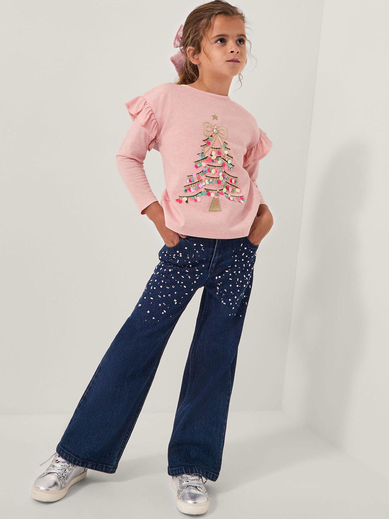 Monsoon Girls Christmas Tree Sequin Marl Tshirt - Pink