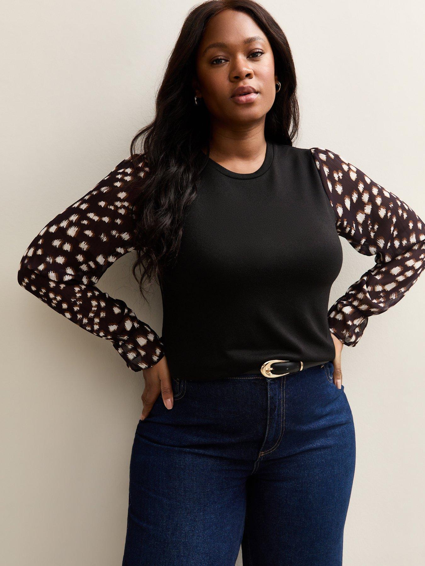 Image 1 of 5 of New Look Curves Black Soft Touch Printed Long Sleeve Top