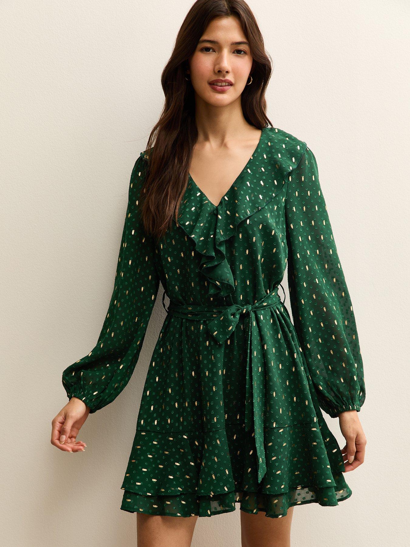 new-look-spot-chiffon-ruffle-mini-dress-green