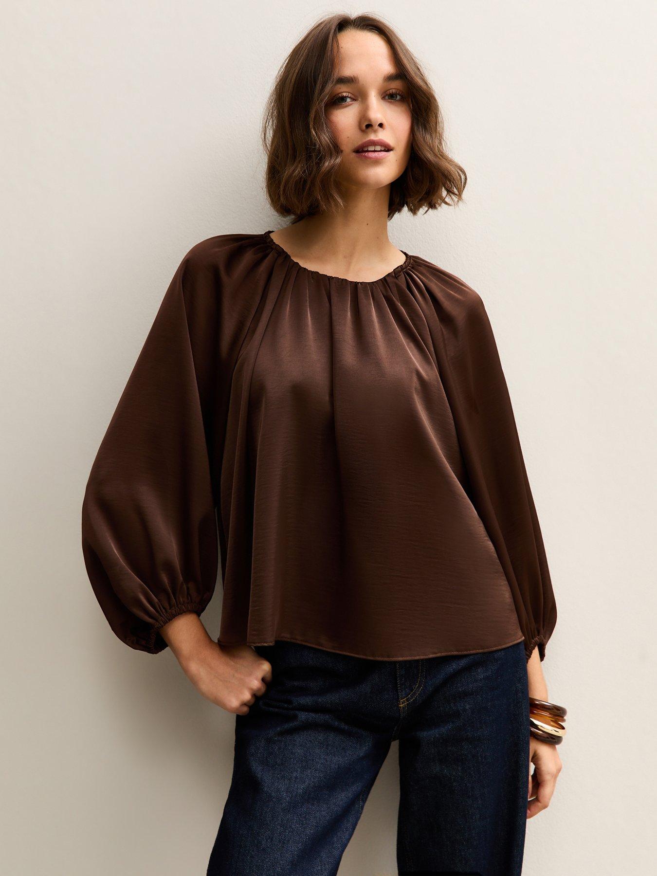 new-look-brown-satin-gathered-crop-sleeve-blouse