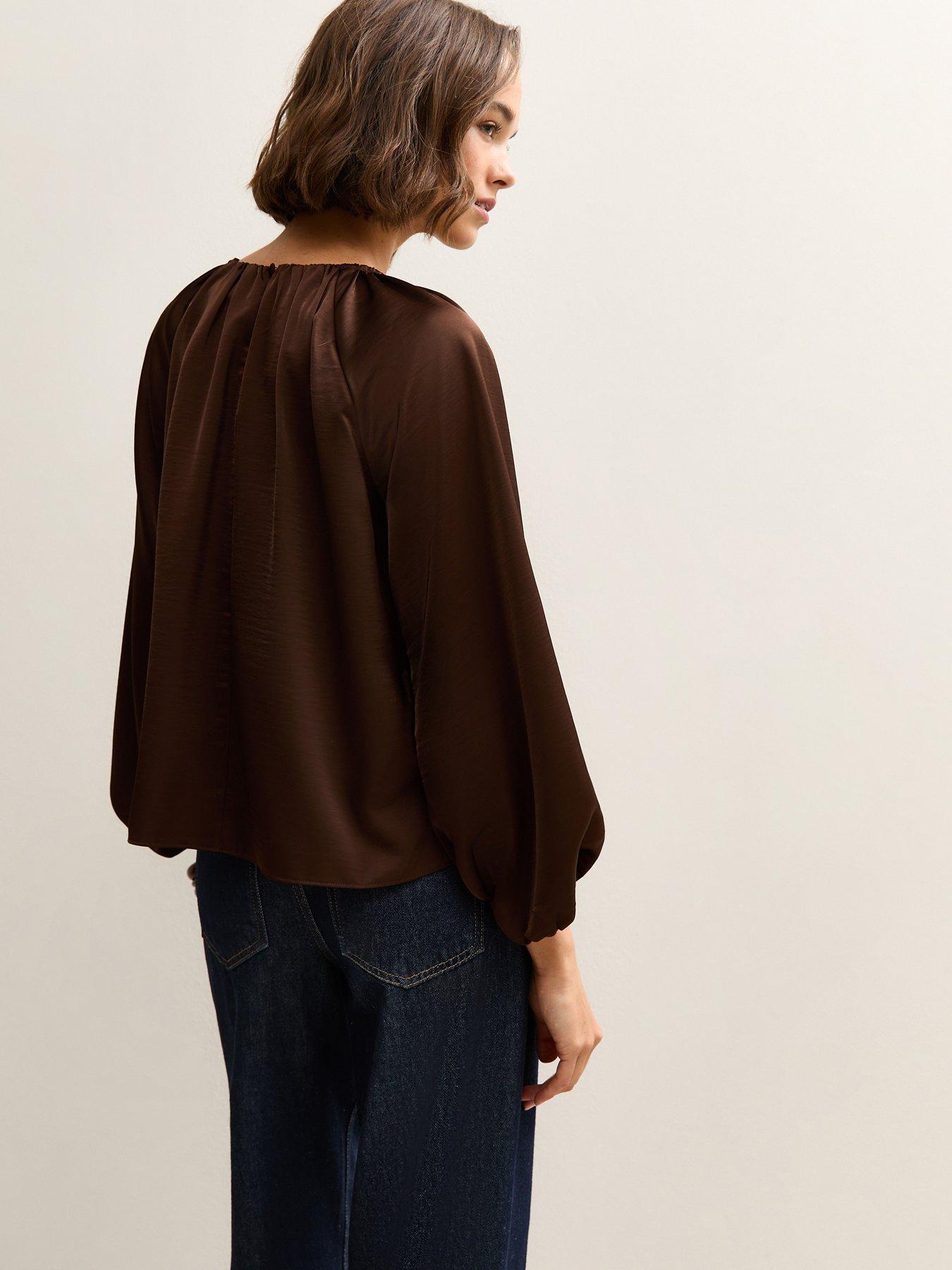 new-look-brown-satin-gathered-crop-sleeve-blousestillFront