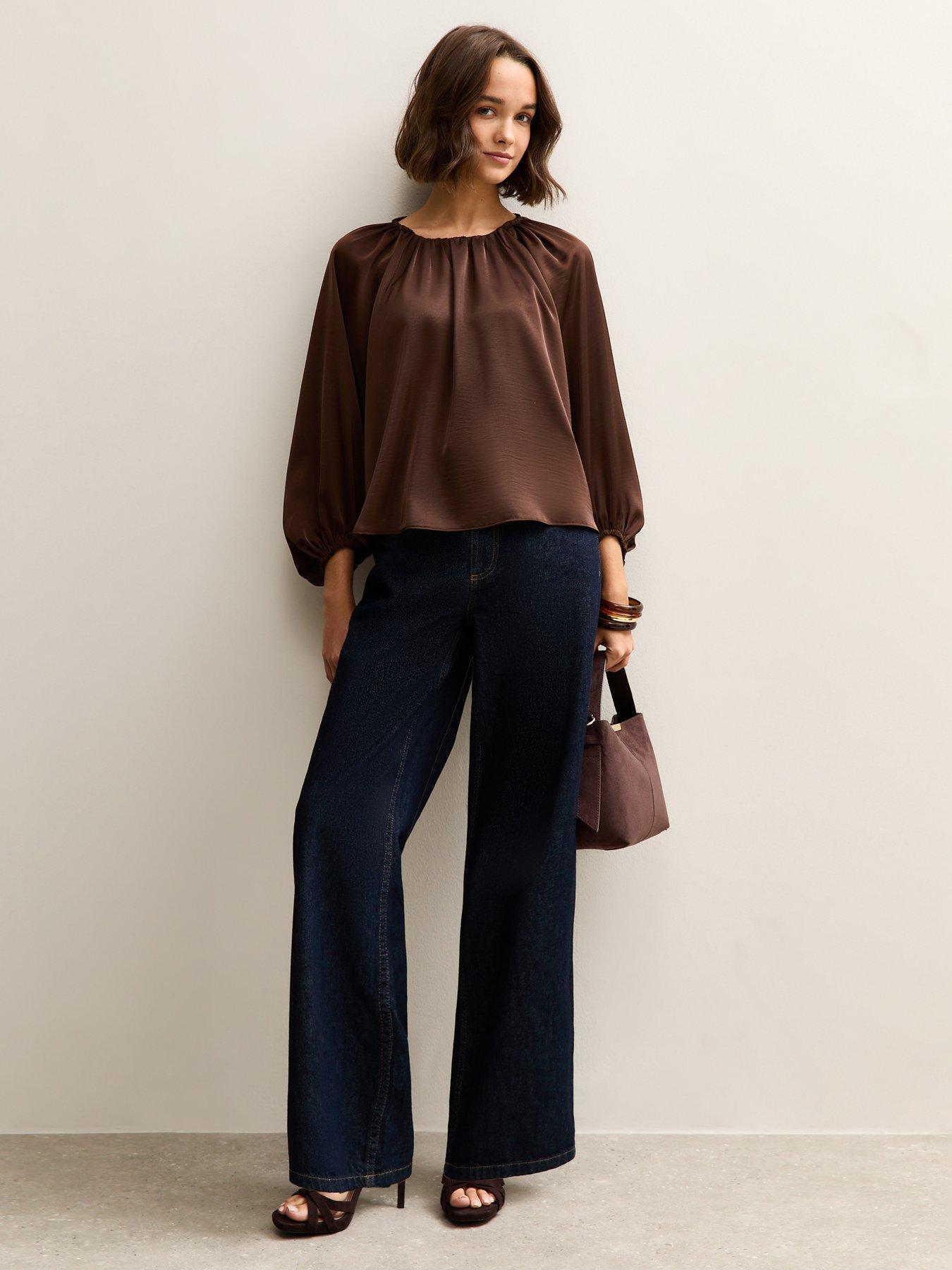 new-look-brown-satin-gathered-crop-sleeve-blouseback