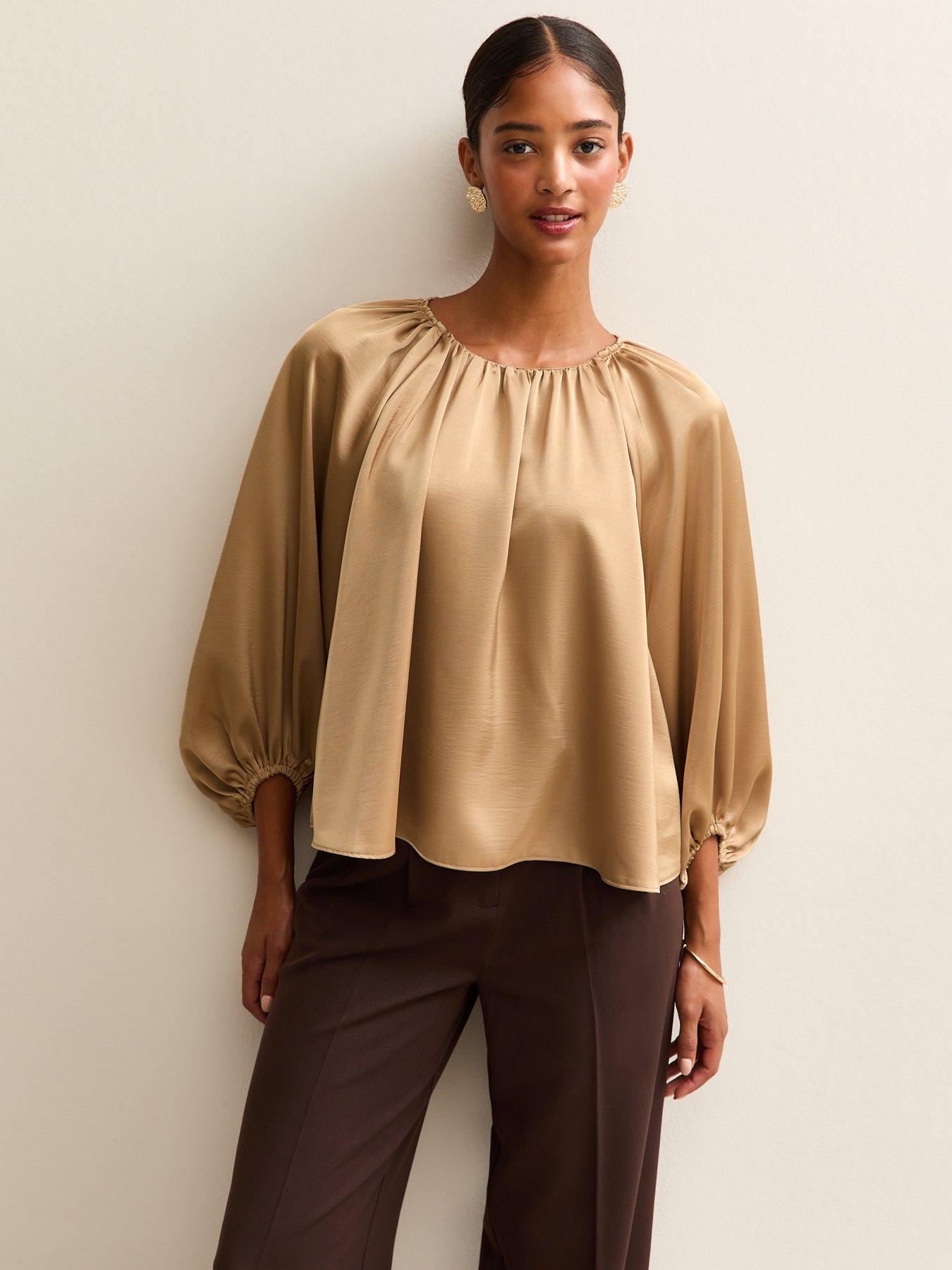 new-look-gold-satin-gathered-crop-sleeve-blouse