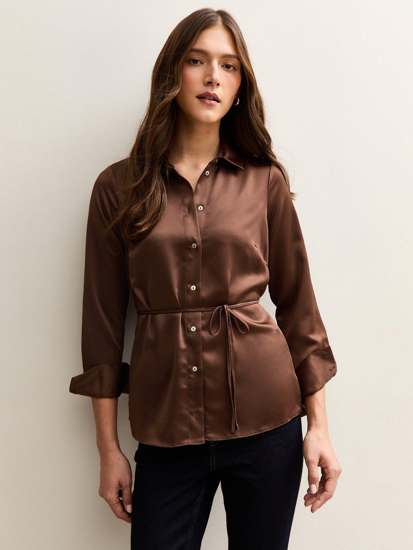 new-look-mid-brown-soft-touch-satin-belted-shirt