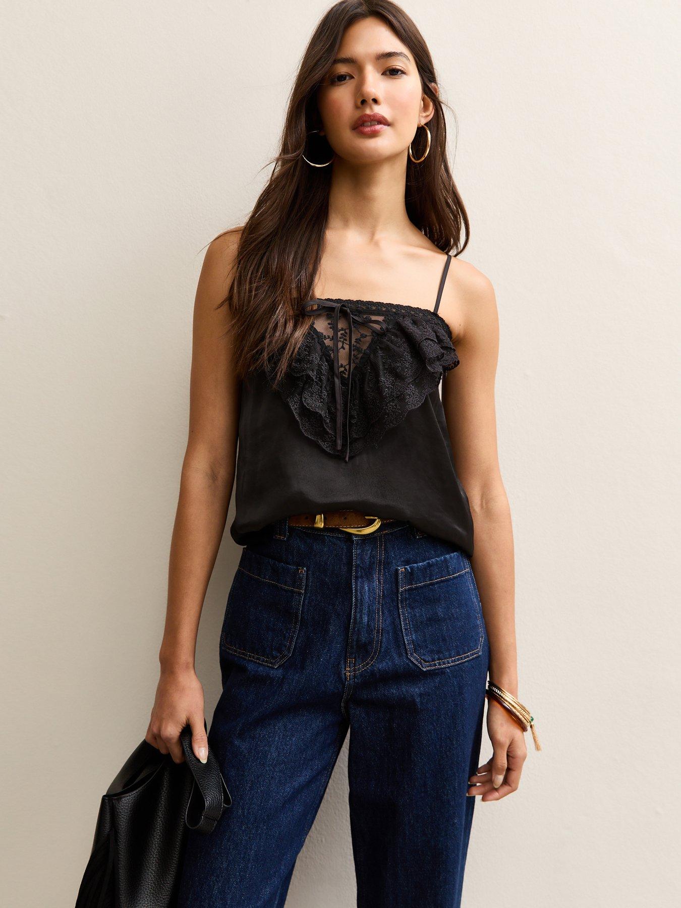 Image 1 of 5 of New Look Black Lace Frill Cami Top