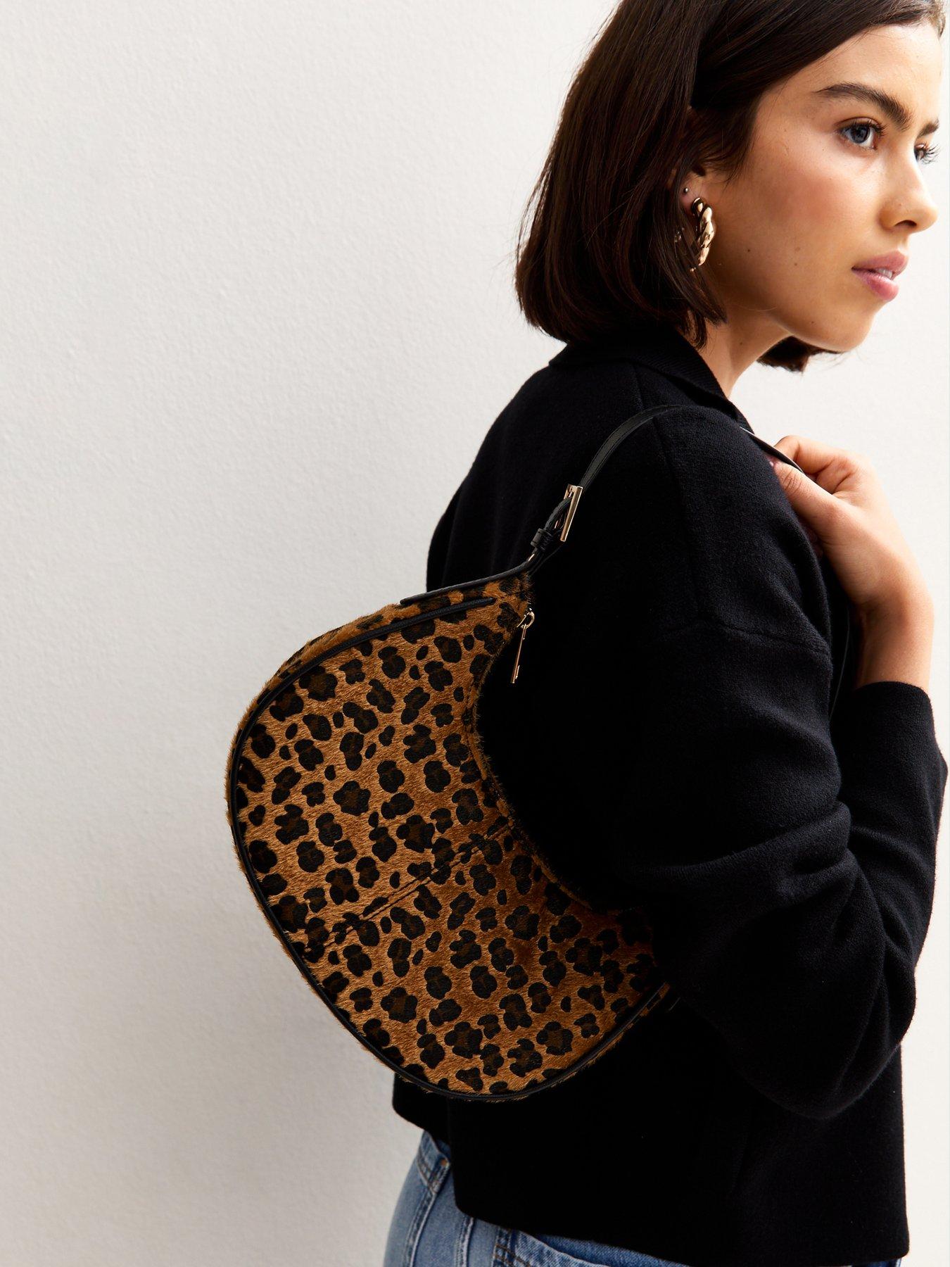 Image 1 of 5 of New Look Leopard Print Textured Shoulder Bag - Brown