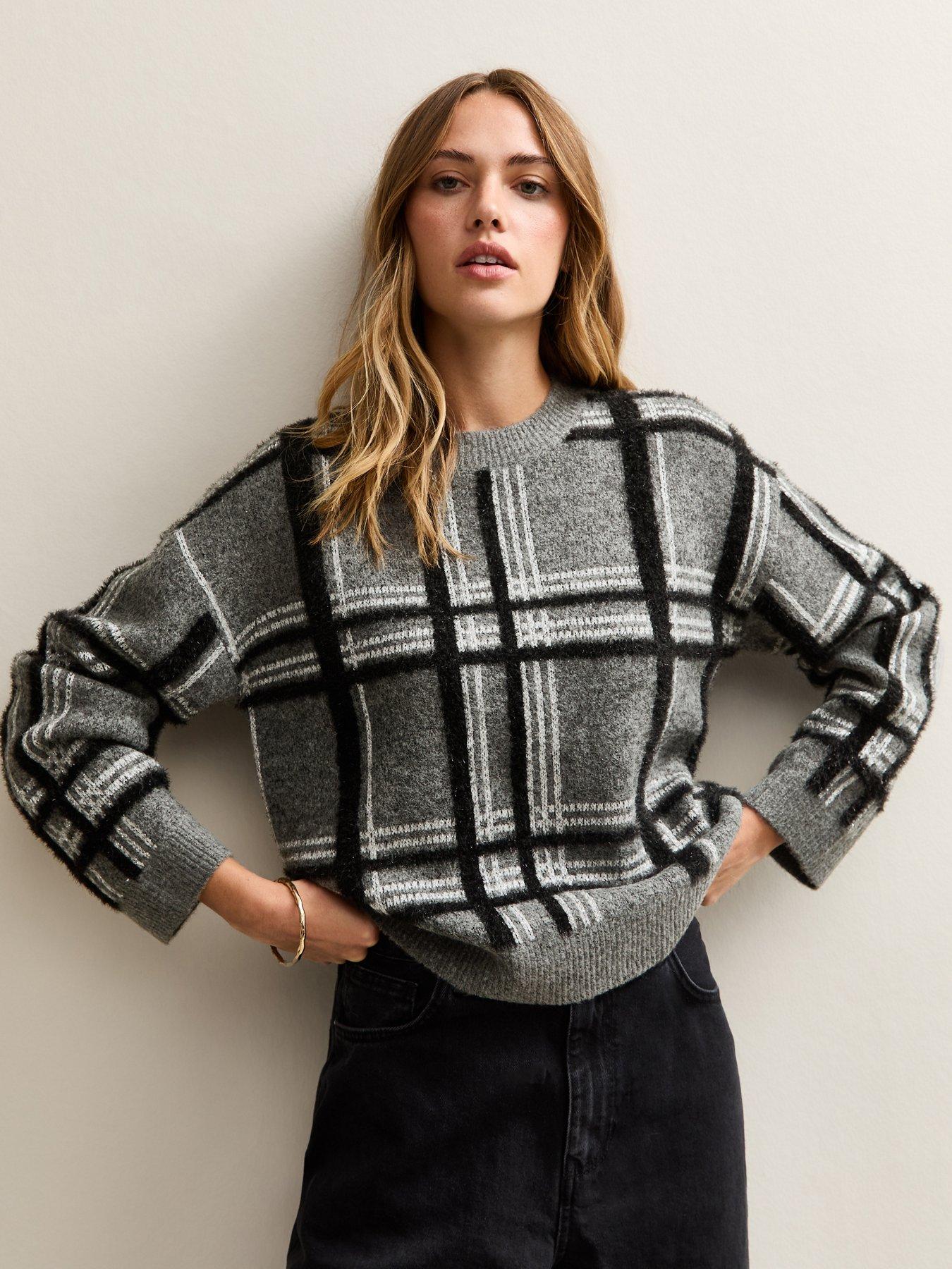 new-look-grey-sparkle-check-knit-jumper