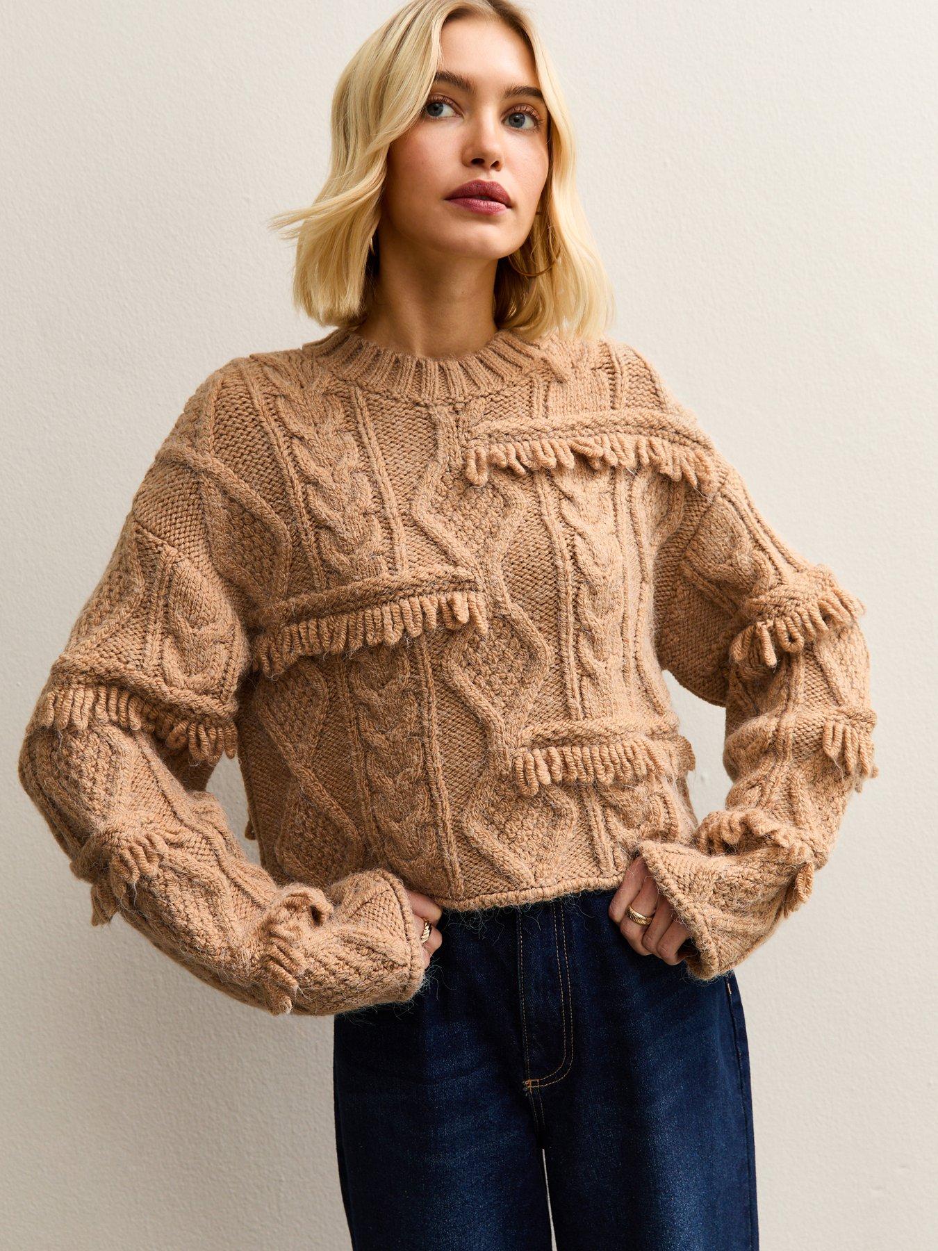 new-look-camel-multi-knit-fringed-jumper