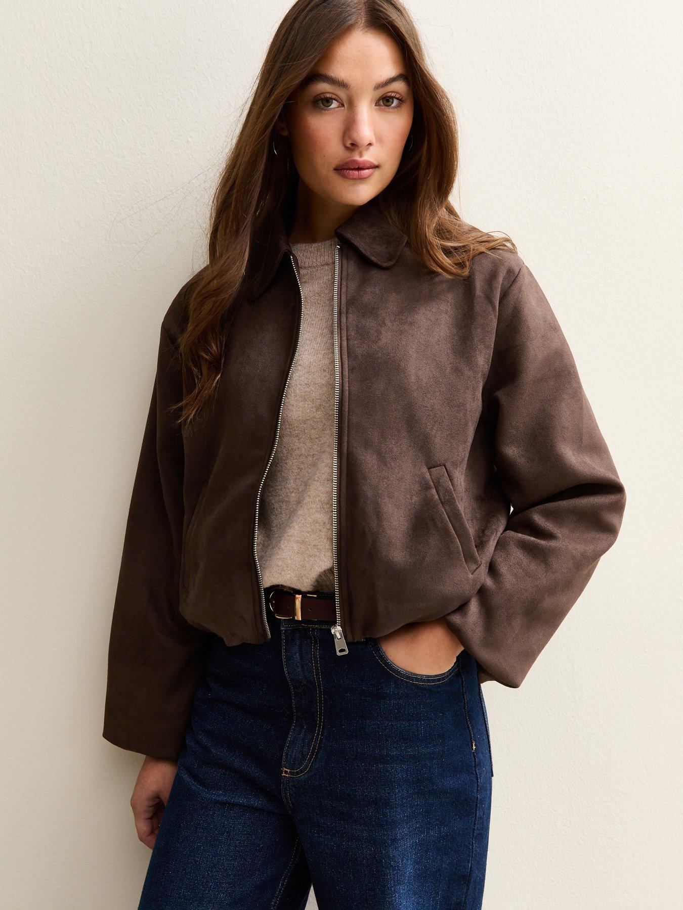 new-look-brown-faux-suede-bubblehem-bomber-jacket