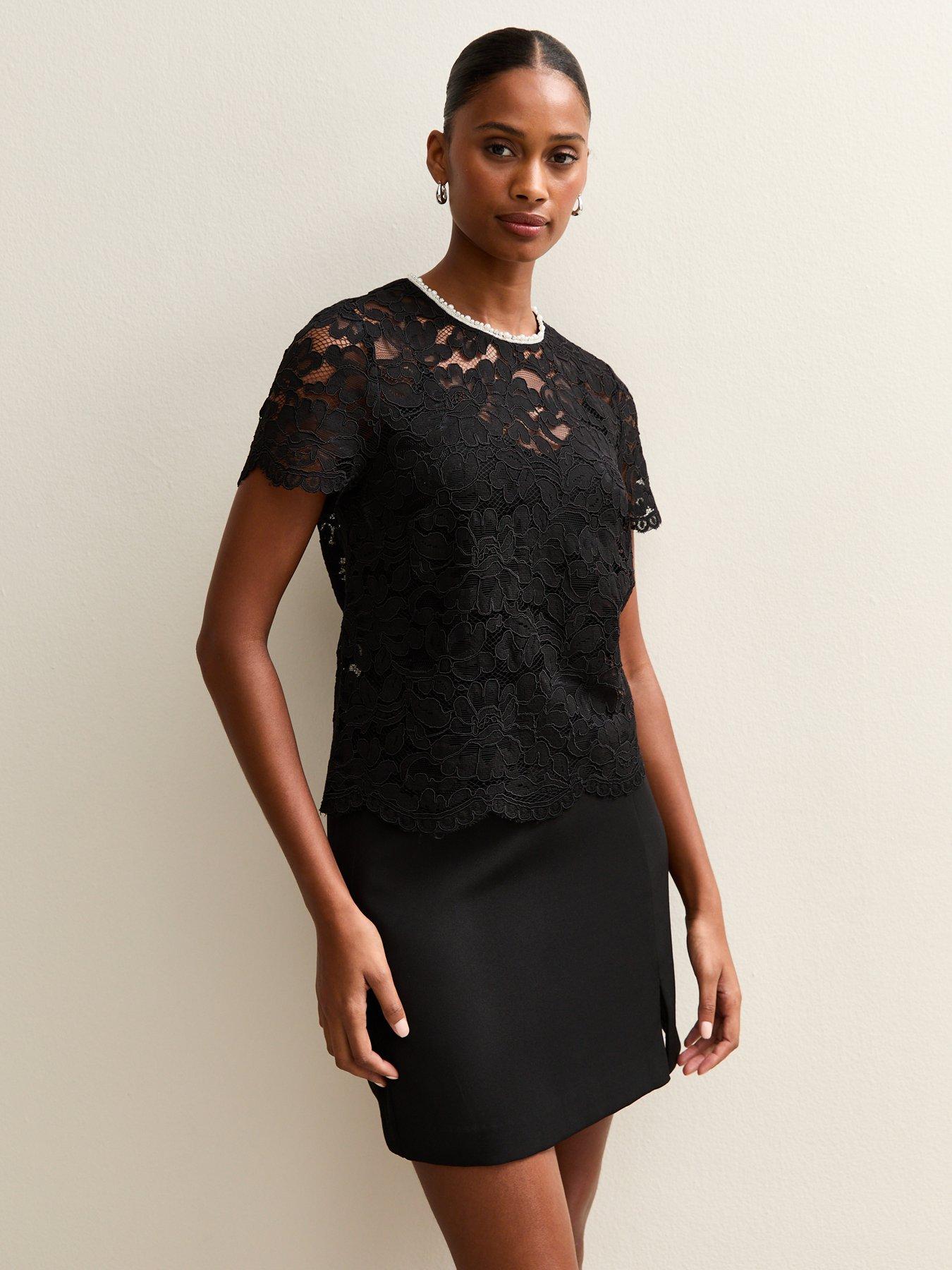 New Look Black Lace Faux Pearl Trim Top