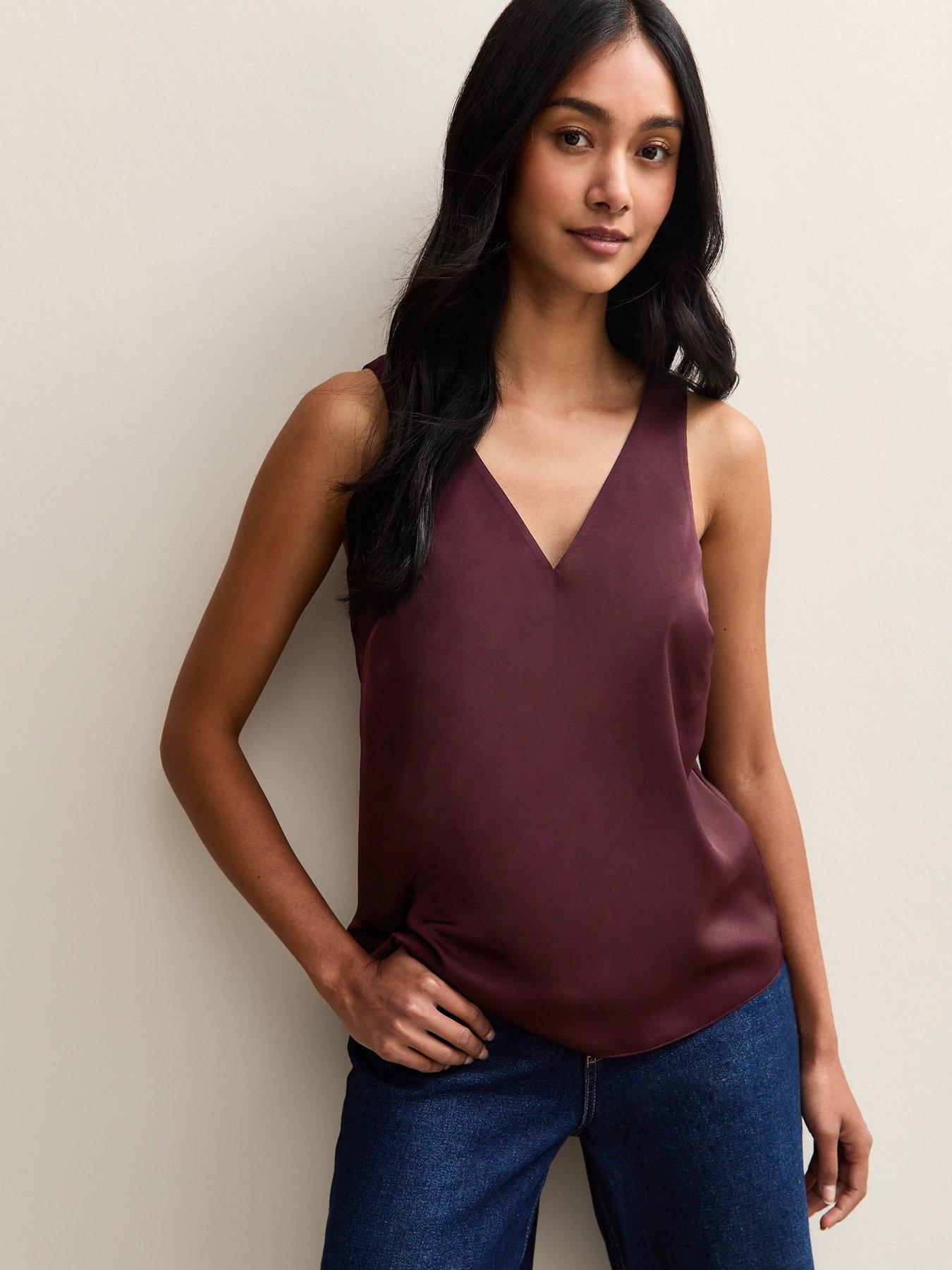 New Look Dark Burgundy Satin V-neck Top