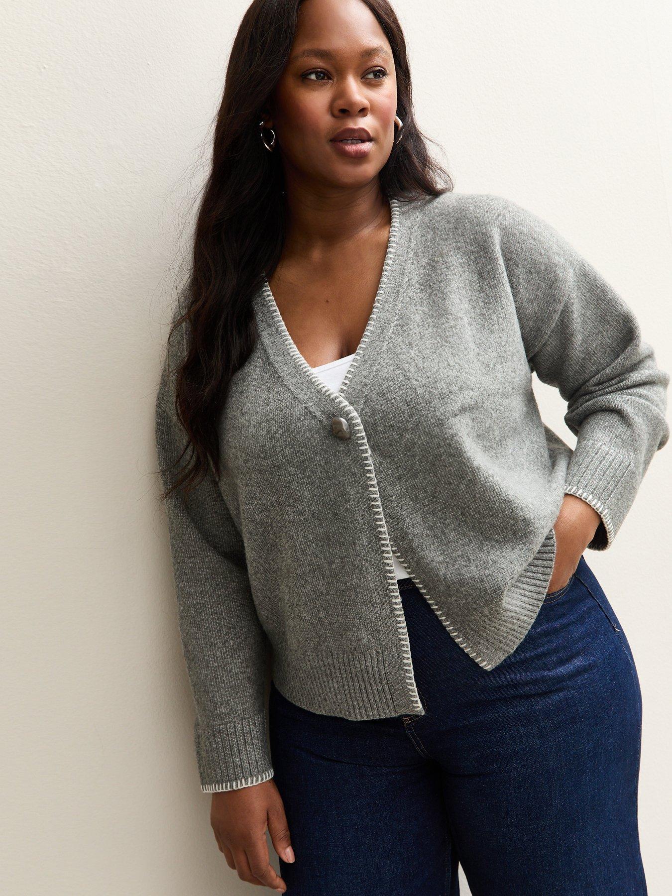 new-look-curves-mid-grey-blanket-stitch-v-neck-cardigan
