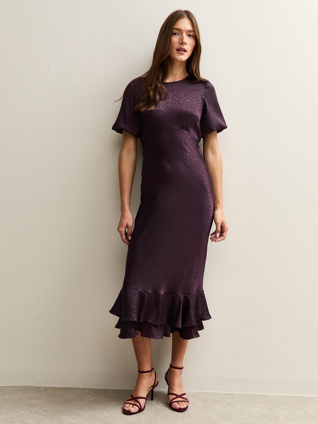 New Look Feather Jacquard Satin Midi Dress - Burgundy