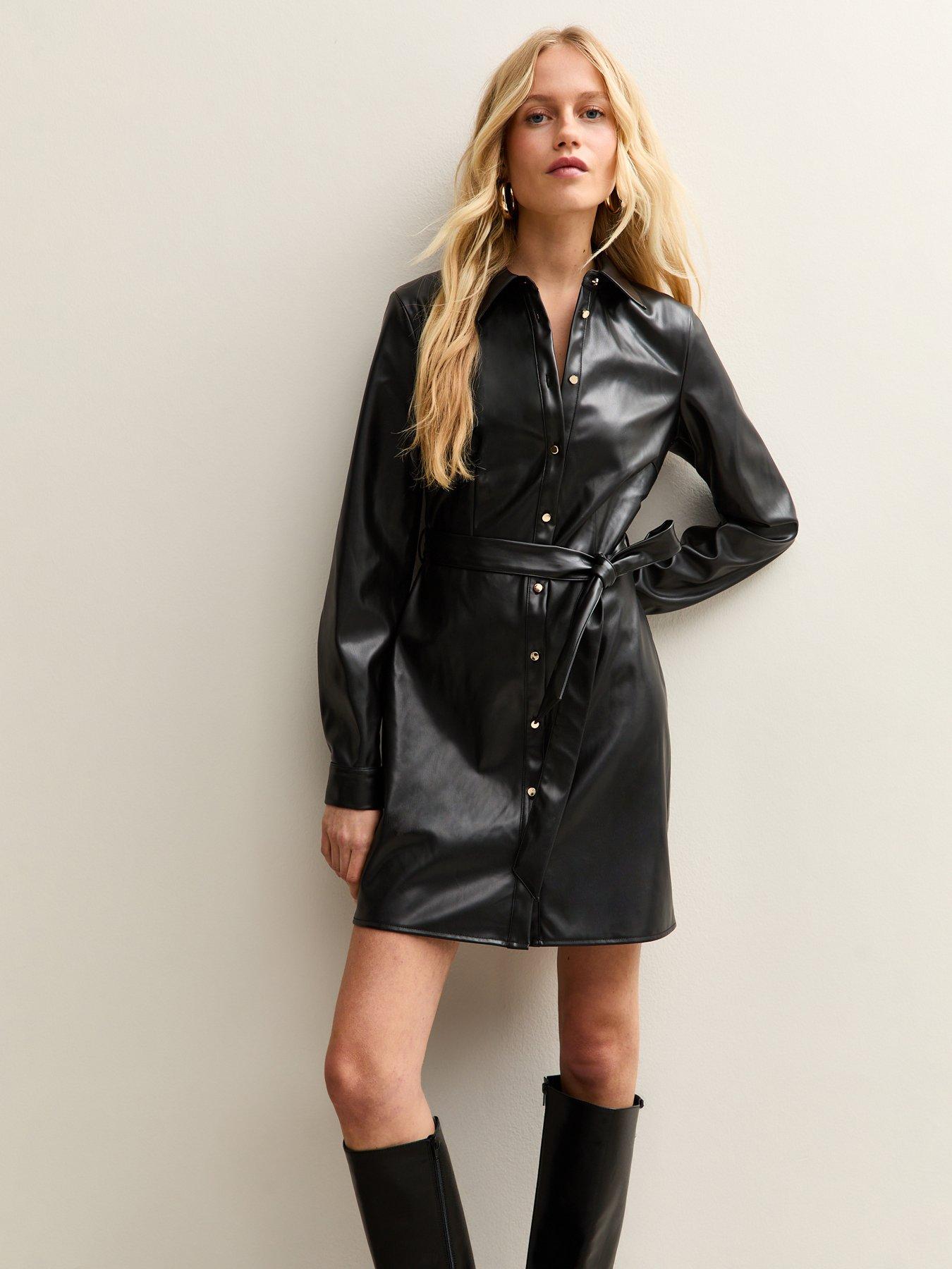 new-look-black-faux-leather-short-sleeve-midi-shirt-dressfront