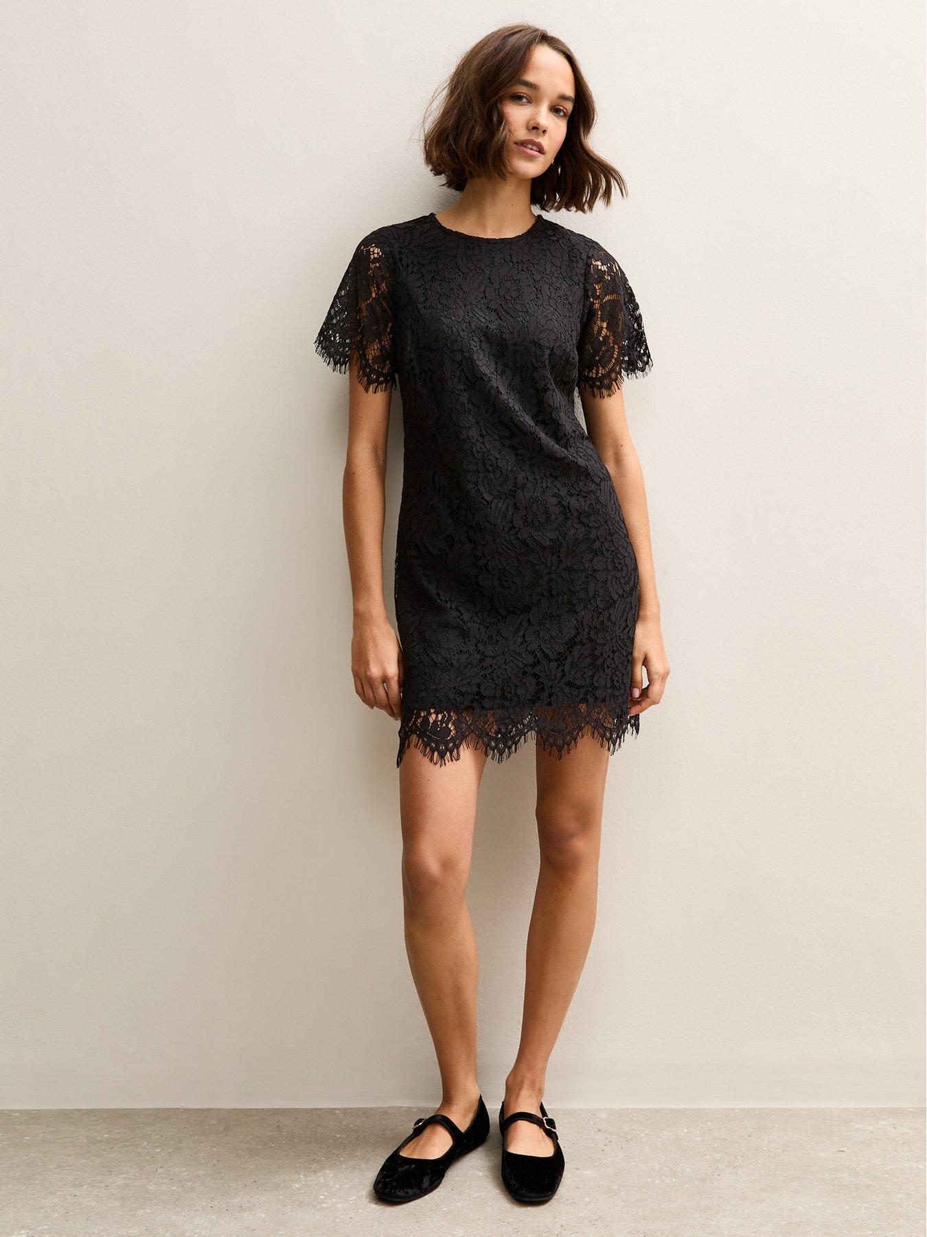 Black Lace T Shirt Mini Dress - BLACK - 6