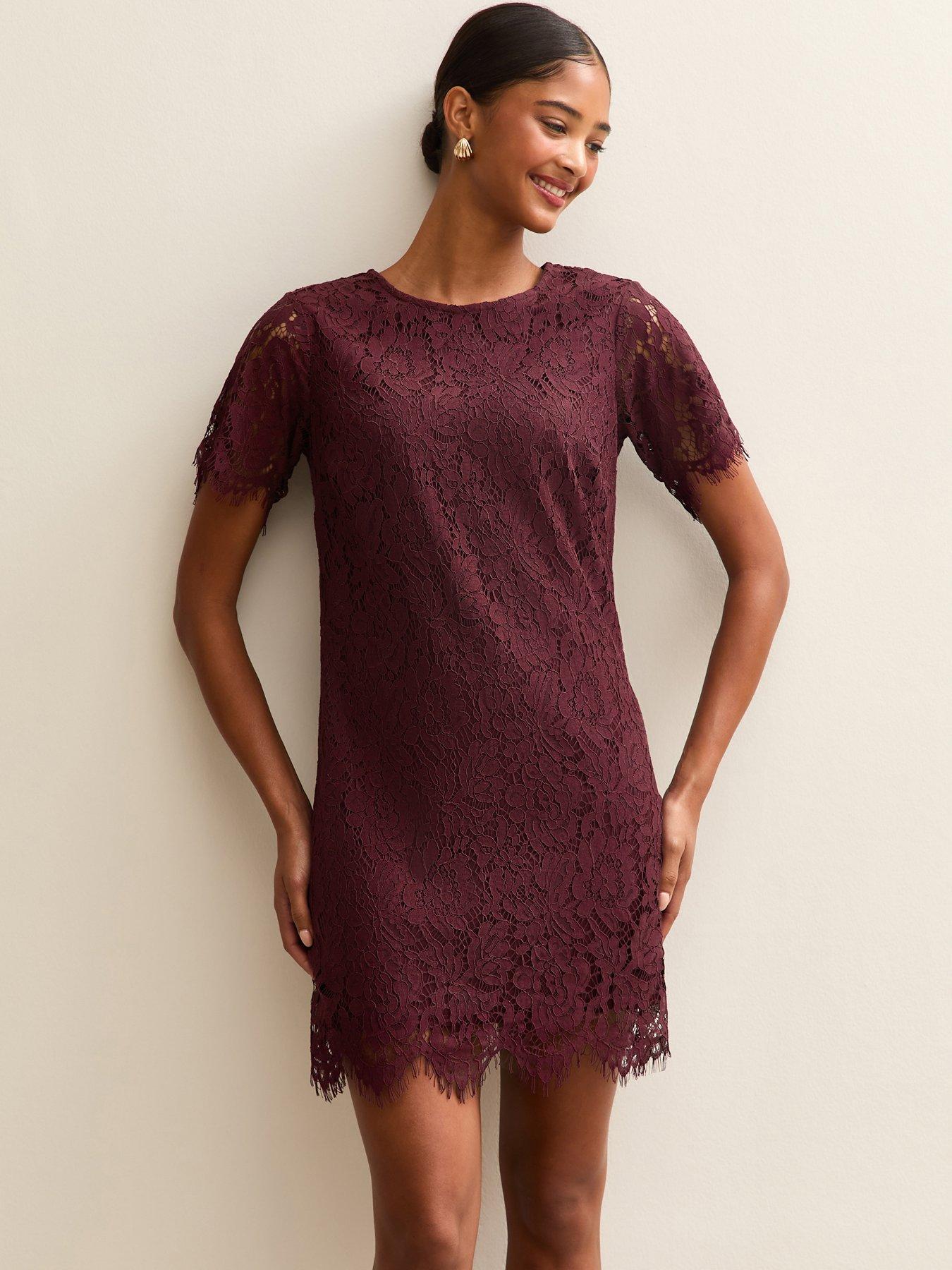new look red dress lace Tamara V-Neckline Ruched Long Sleeve Lace Mesh Dress Red