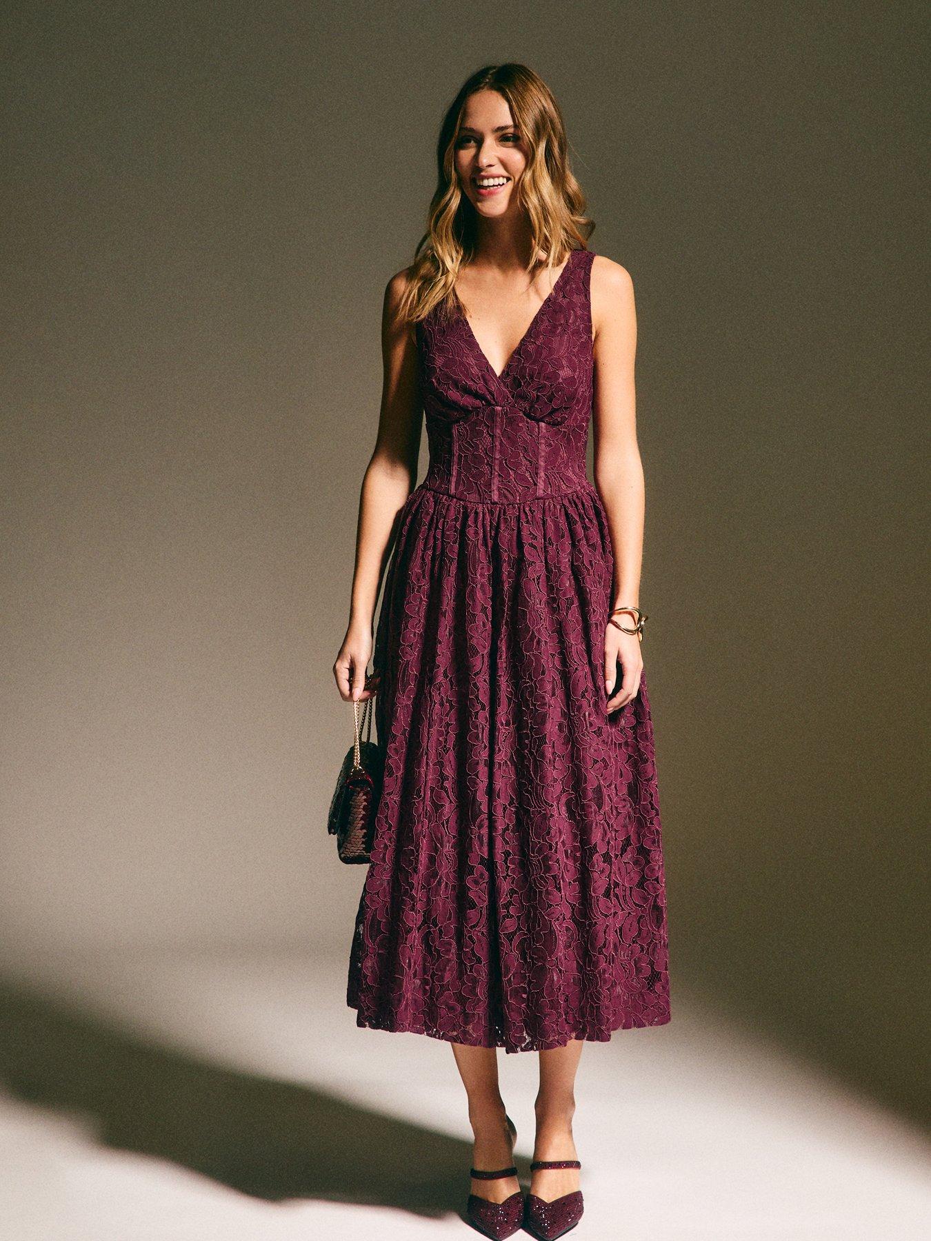New Look Dark Burgundy Lace Corset Midi Dress