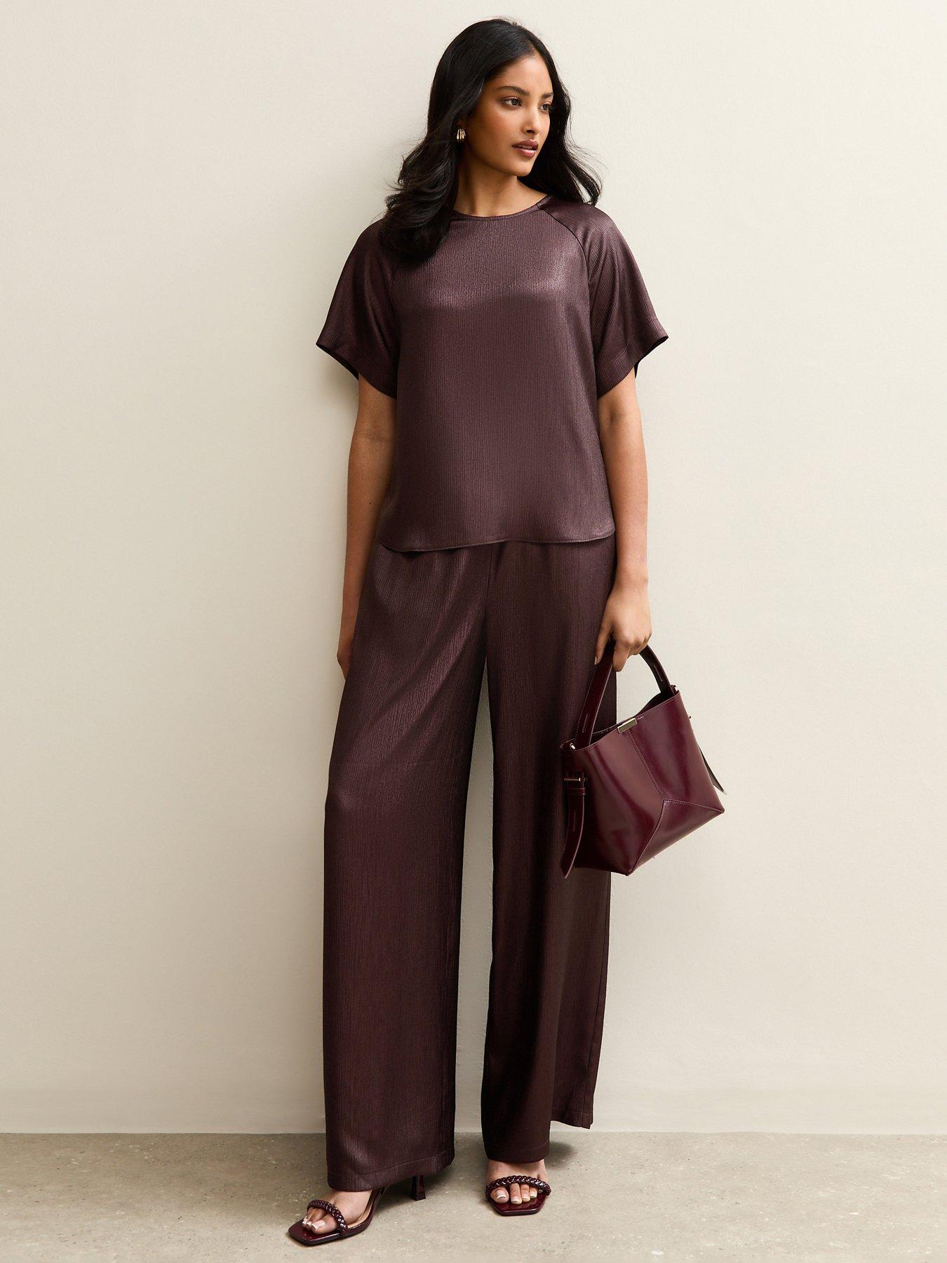 New Look Shimmer Wide Leg Trousers - Burgundy