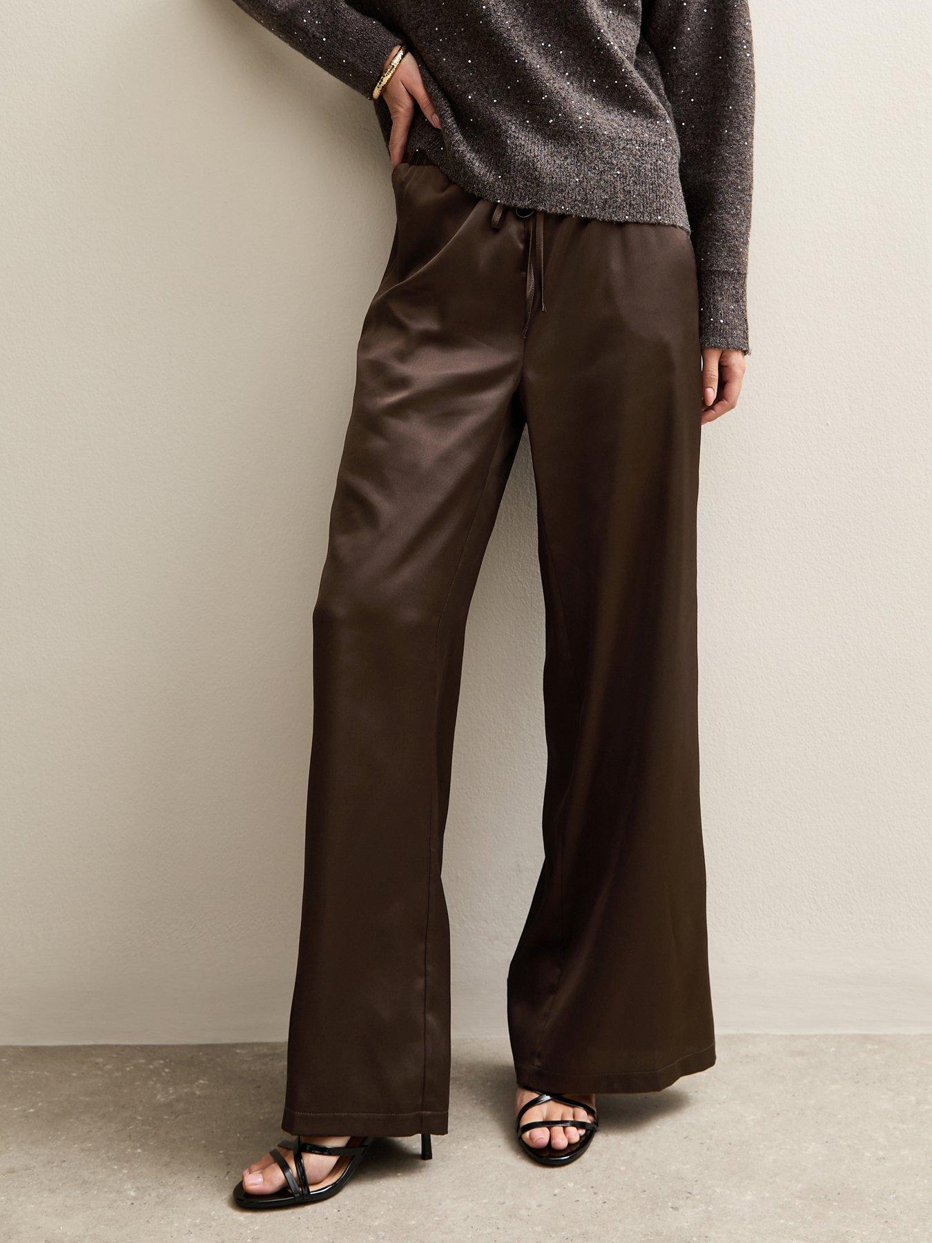 New Look Satin Wide Leg Trousers - Dark Brown