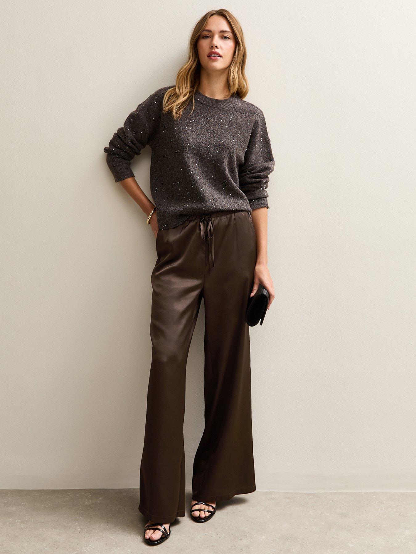 Image 3 of 5 of New Look Satin Wide Leg Trousers - Dark Brown