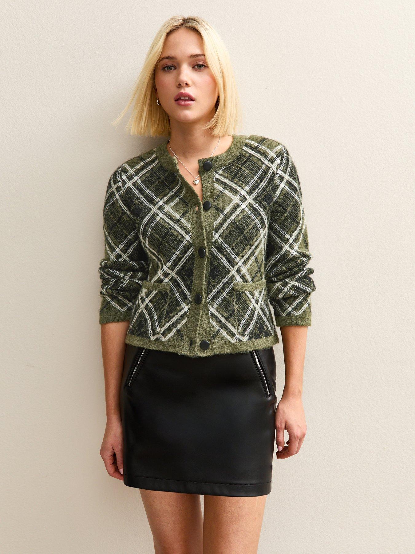 new-look-diagonal-check-double-pocket-cardigan-greenfront
