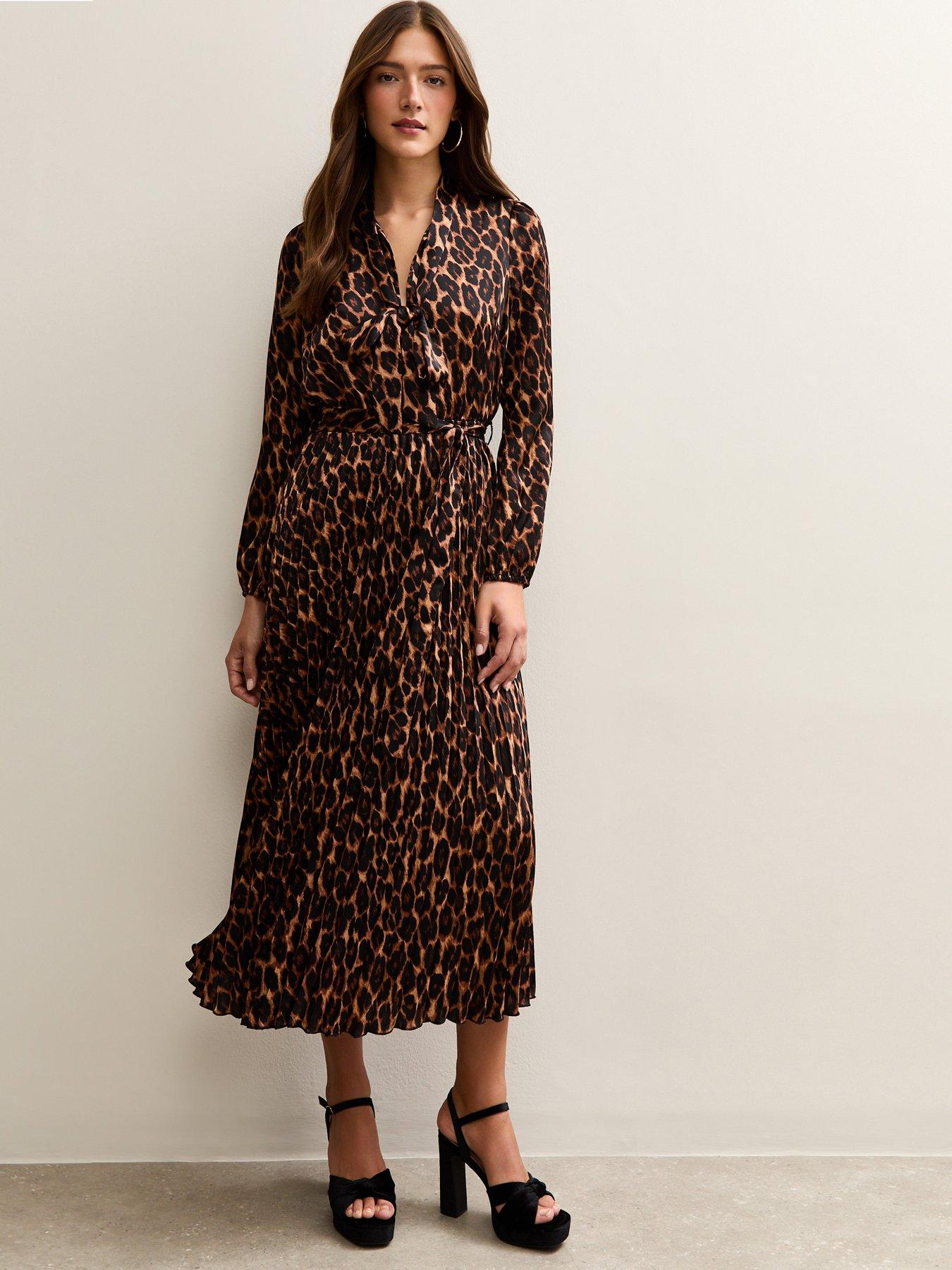 new-look-dark-brown-animal-print-pleated-long-sleeve-midi-dress