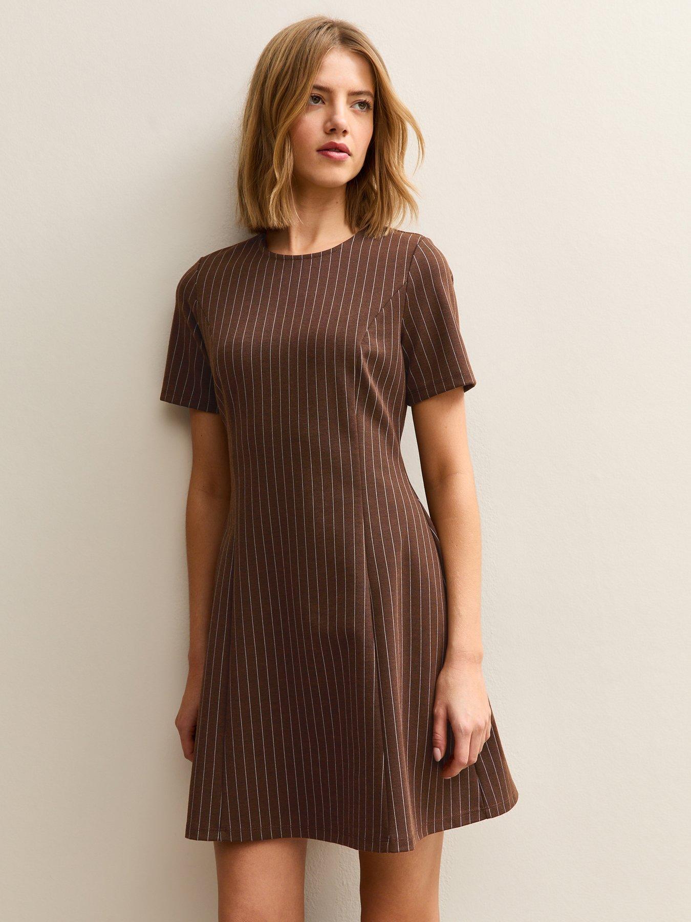 new-look-brown-pinstriped-short-sleeve-mini-dress