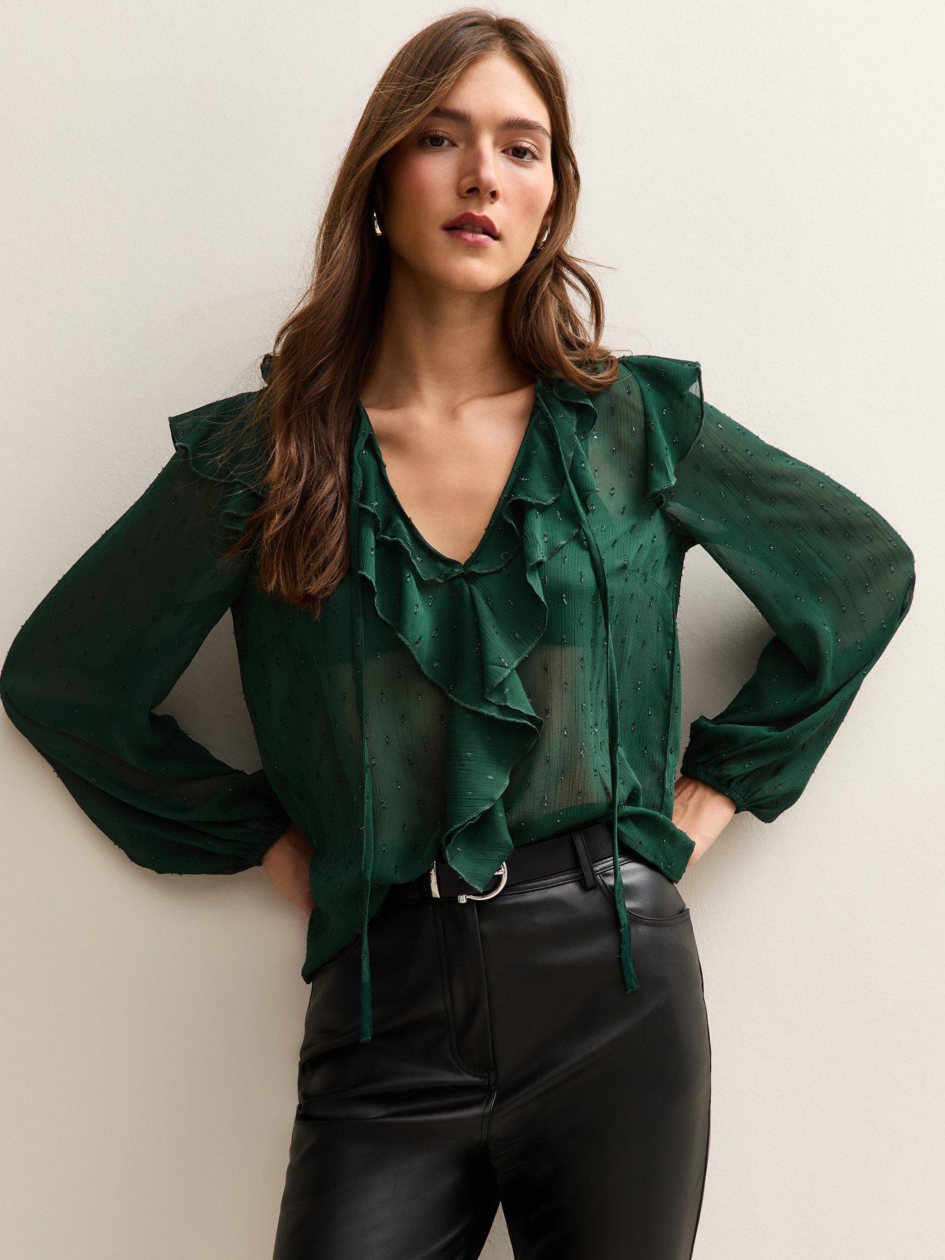 New Look Dark Green Metallic Spot Frilly Trimmed Blouse