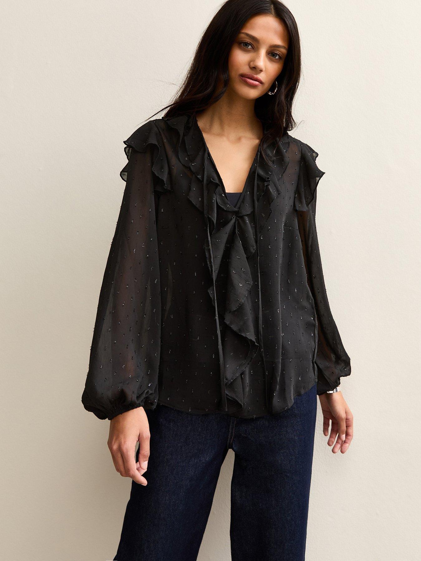 new-look-black-metallic-spot-frilly-trimmed-blouse