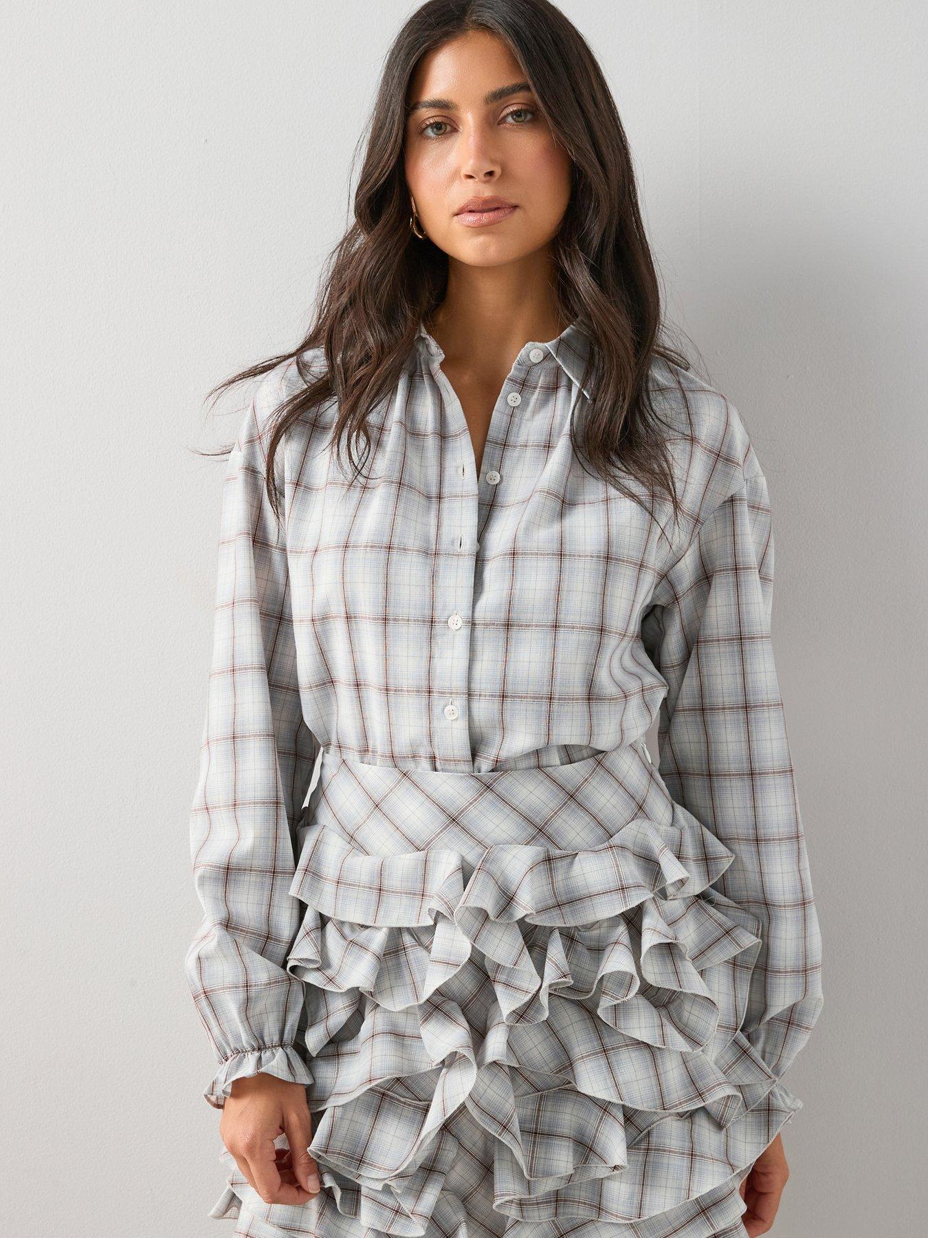the-very-collection-checked-ruffle-neck-blouse-co-ord-bluefront