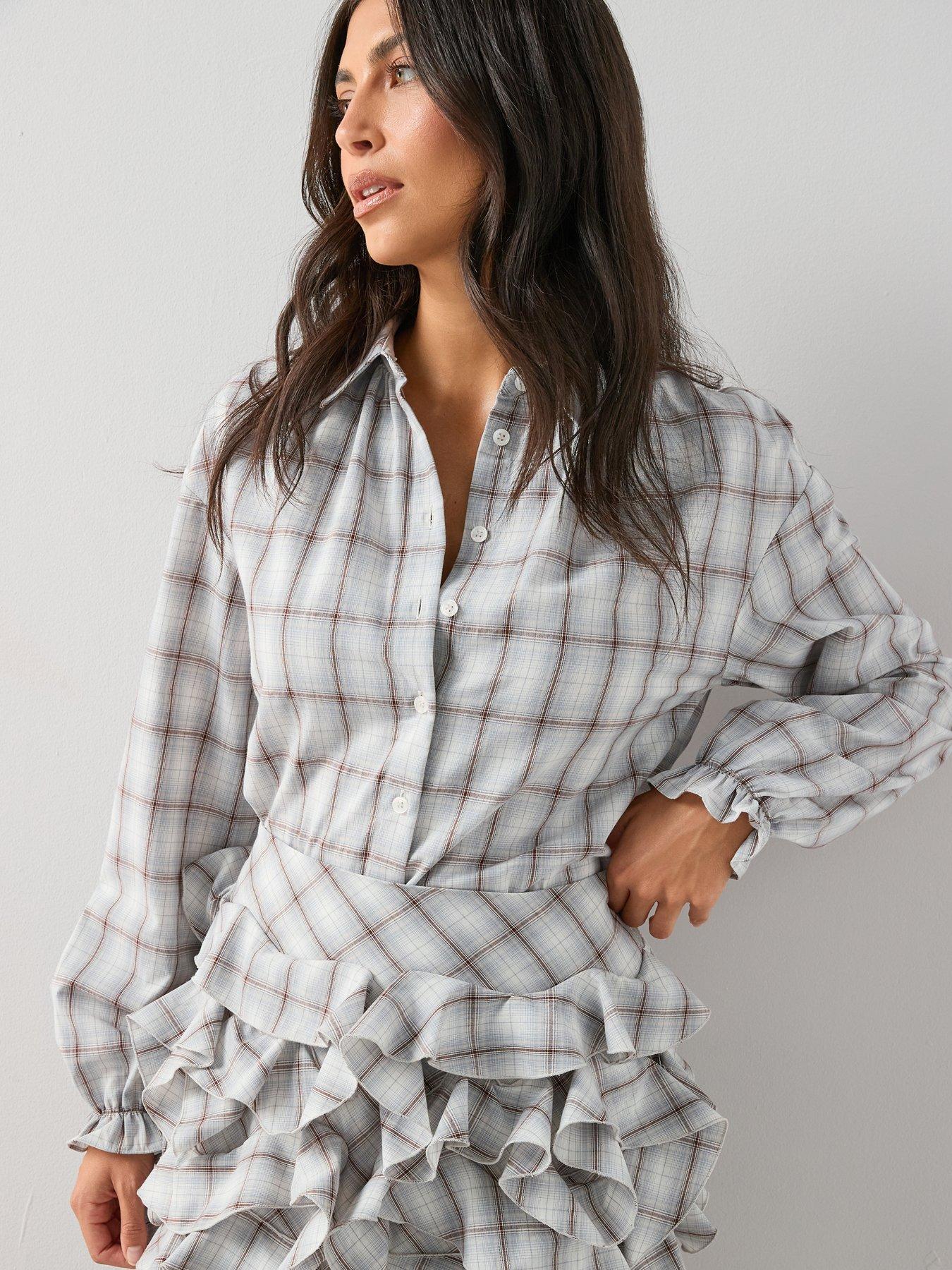 the-very-collection-checked-ruffle-neck-blouse-co-ord-bluedetail