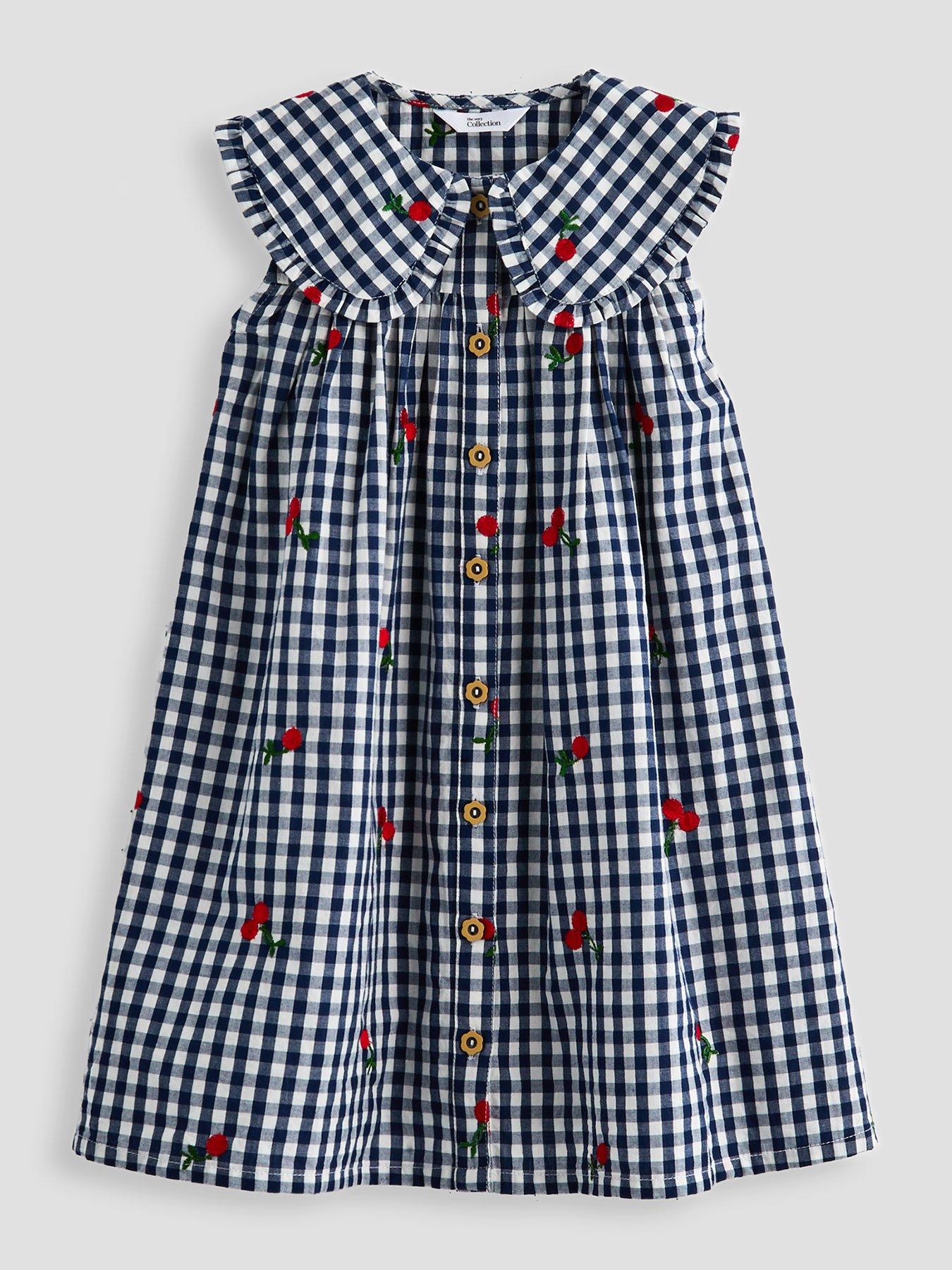 Image 1 of 5 of The Very Collection Girls Collar Gingham Button Through Dress - White/Navy