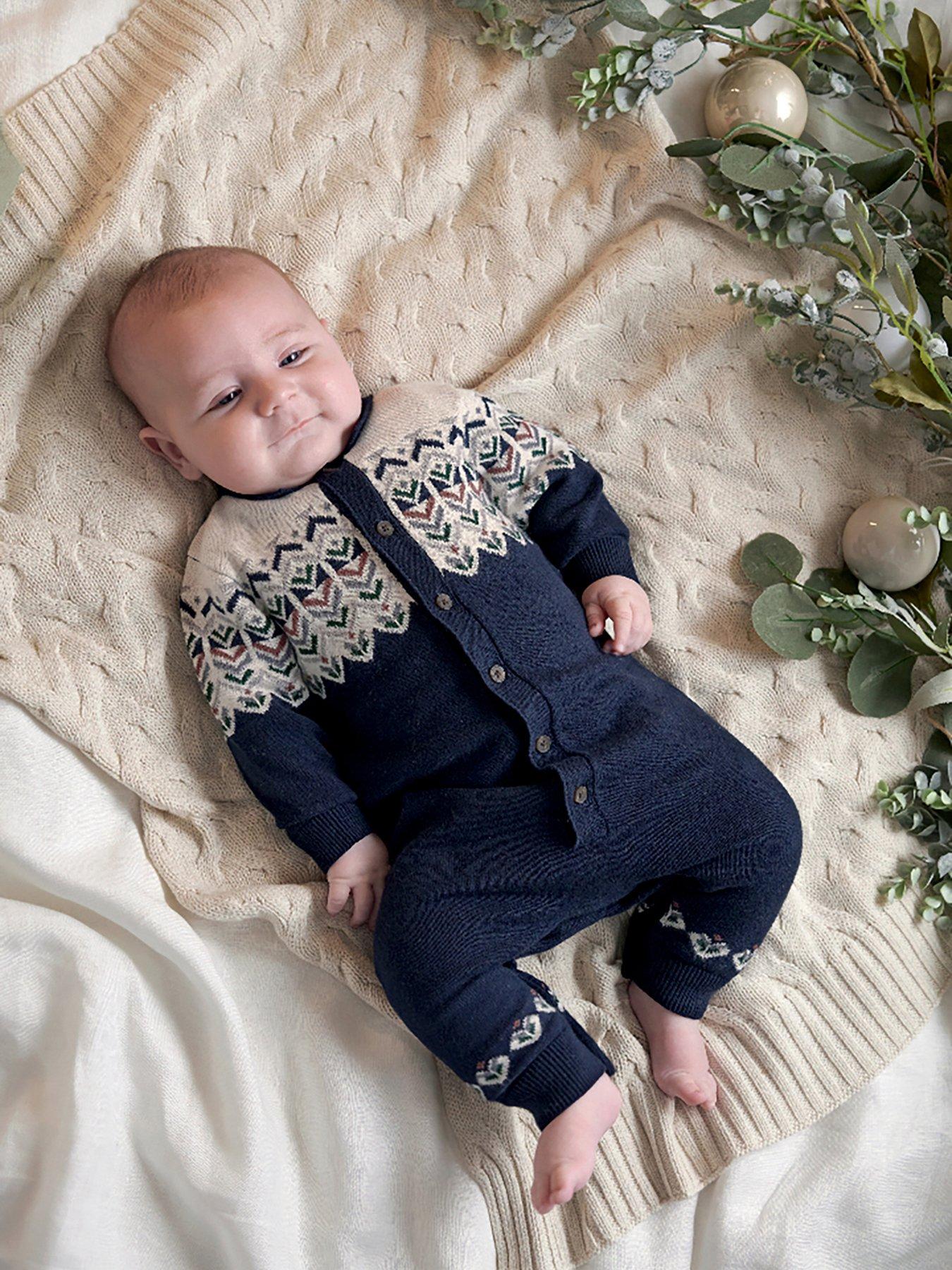 Mamas & Papas Baby Boys Jacquard Knitted Romper With Fairisle Detail - Blue