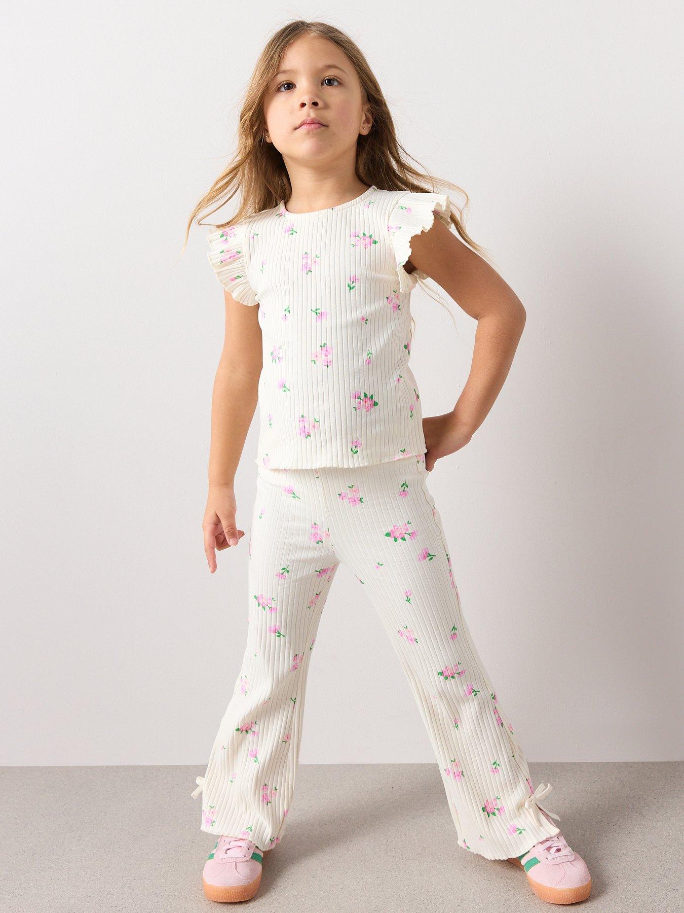 The Very Collection Girls Rib Frill Top With Bow Legging Outfit - Floral Print