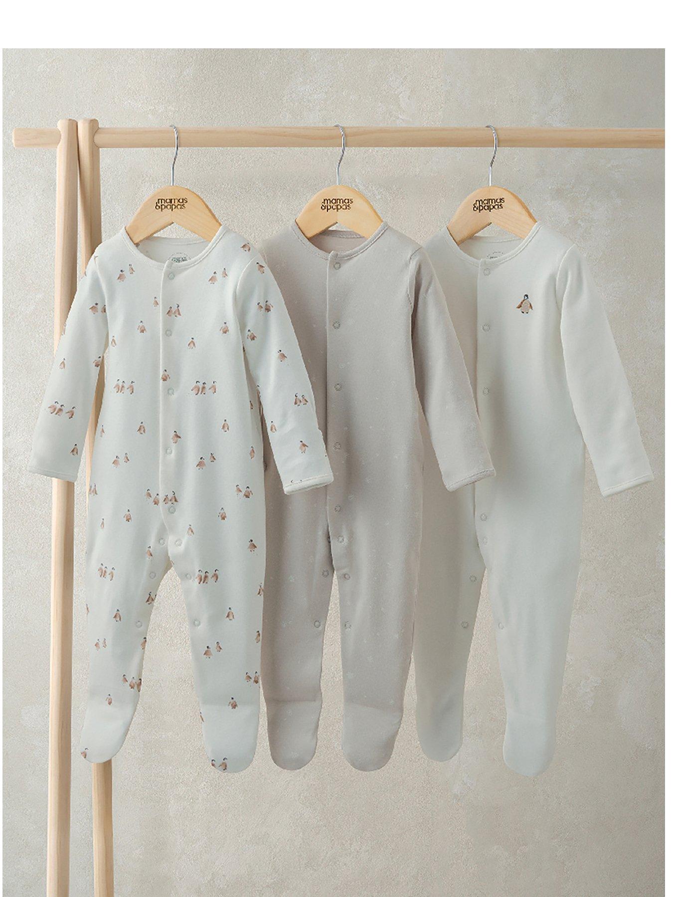 mamas-papas-baby-unisex-3-pack-penguin-sleepsuits-cream