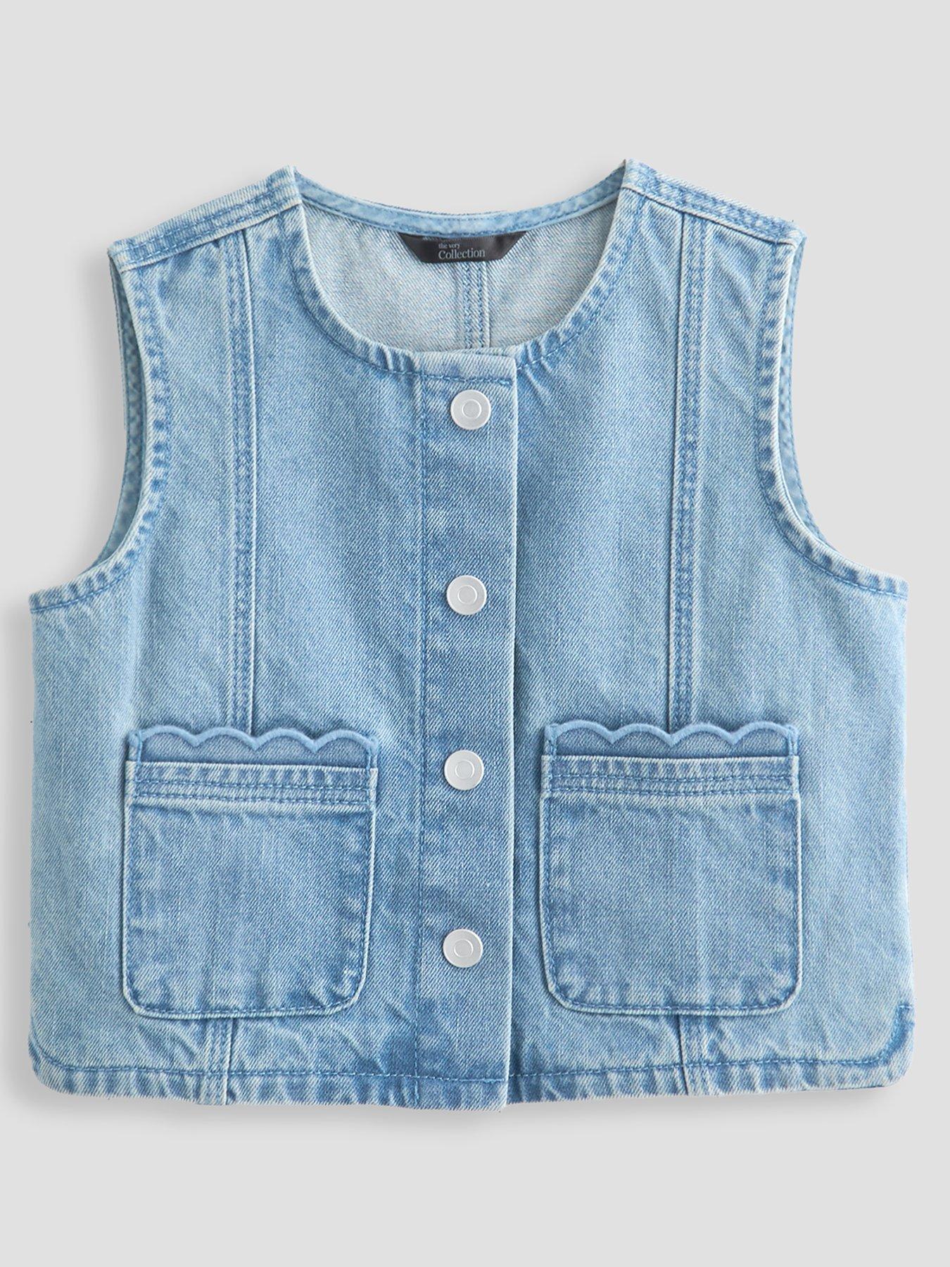 The Very Collection Girls Denim Front Pocket Button Up Gilet With Scallop Trim - Blue