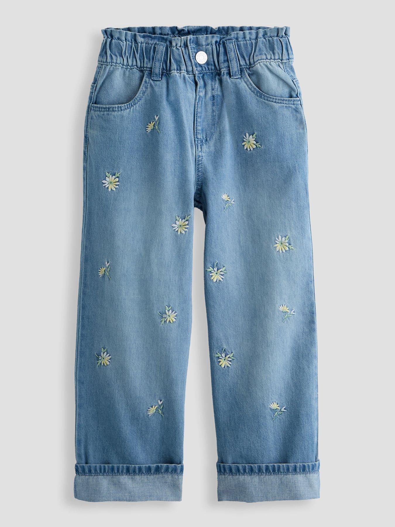 The Very Collection Girls Elasicated Waist Embroidered Flower Turn Up Jeans - Light Wash