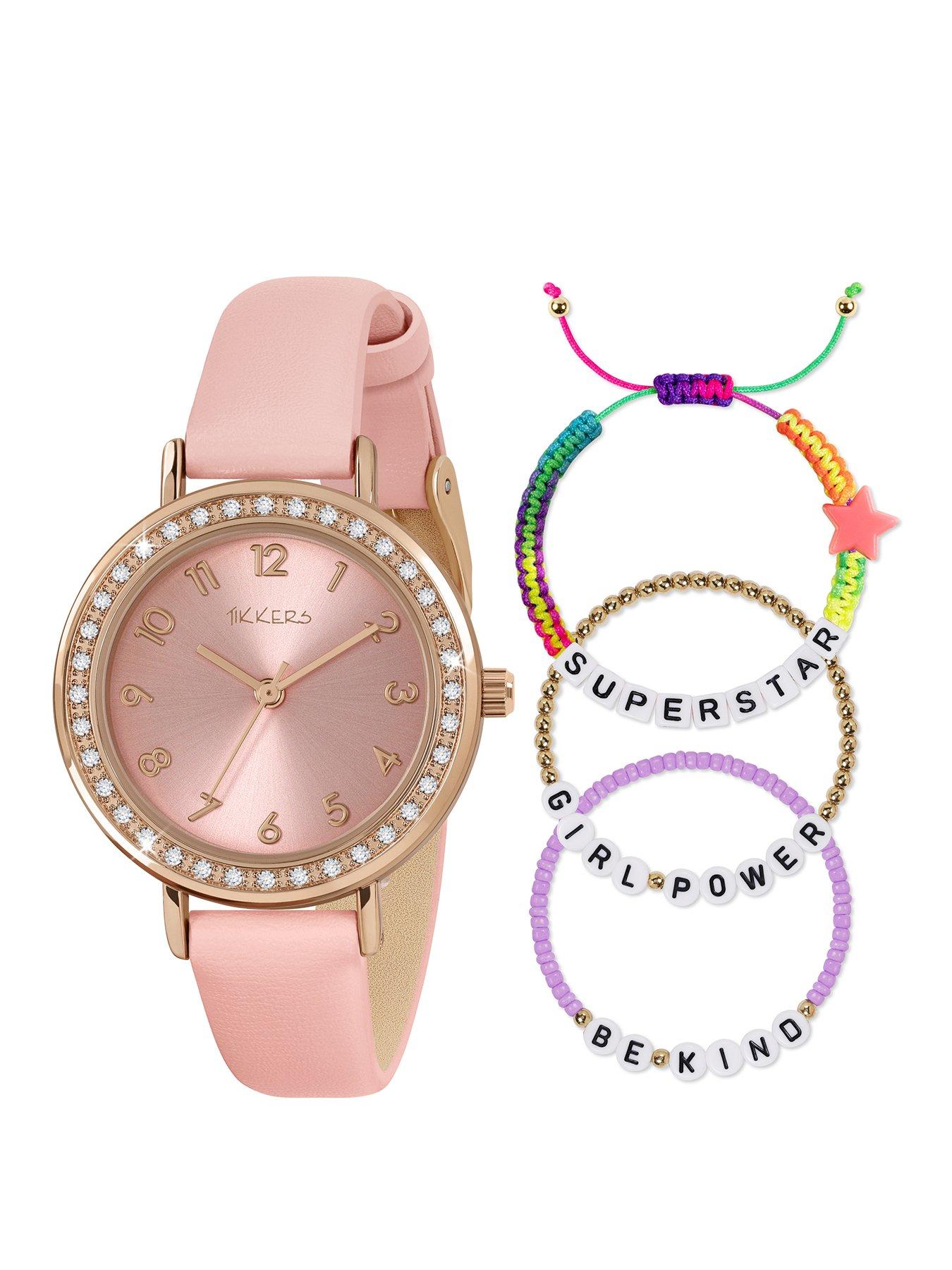 Image 1 of 7 of Tikkers Rose Gold Stone Watch&nbsp;Set Case with Pink Strap and Friendship Bracelet Set