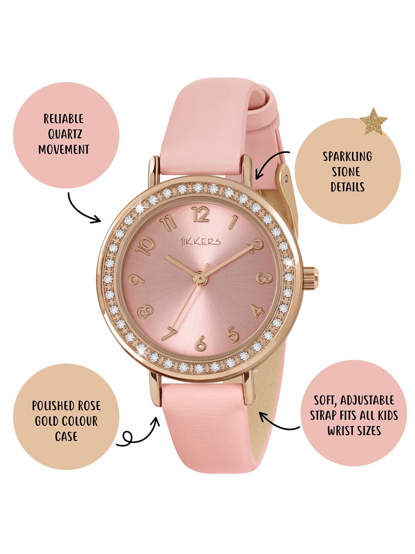 Image 2 of 7 of Tikkers Rose Gold Stone Watch&nbsp;Set Case with Pink Strap and Friendship Bracelet Set