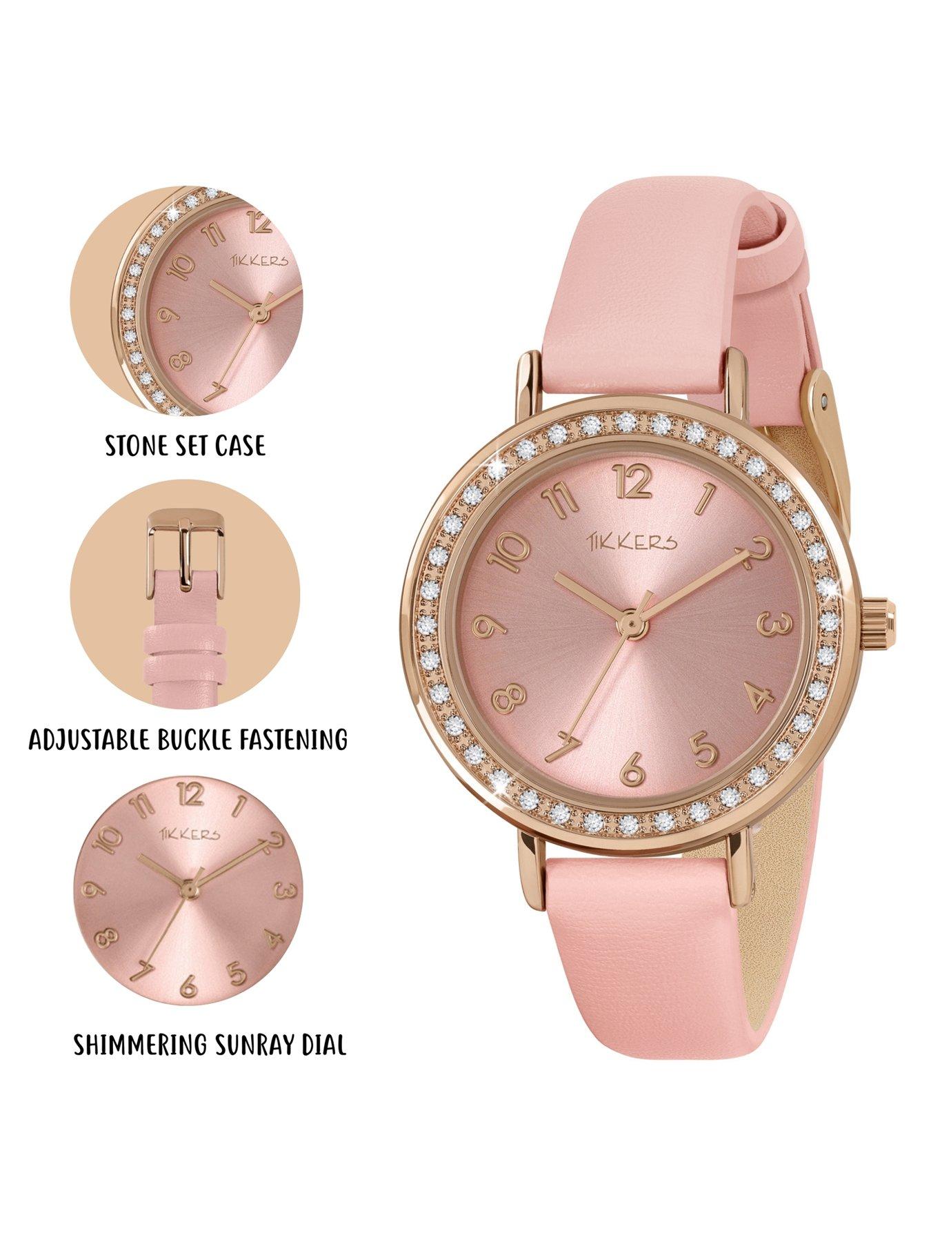 Image 3 of 7 of Tikkers Rose Gold Stone Watch&nbsp;Set Case with Pink Strap and Friendship Bracelet Set