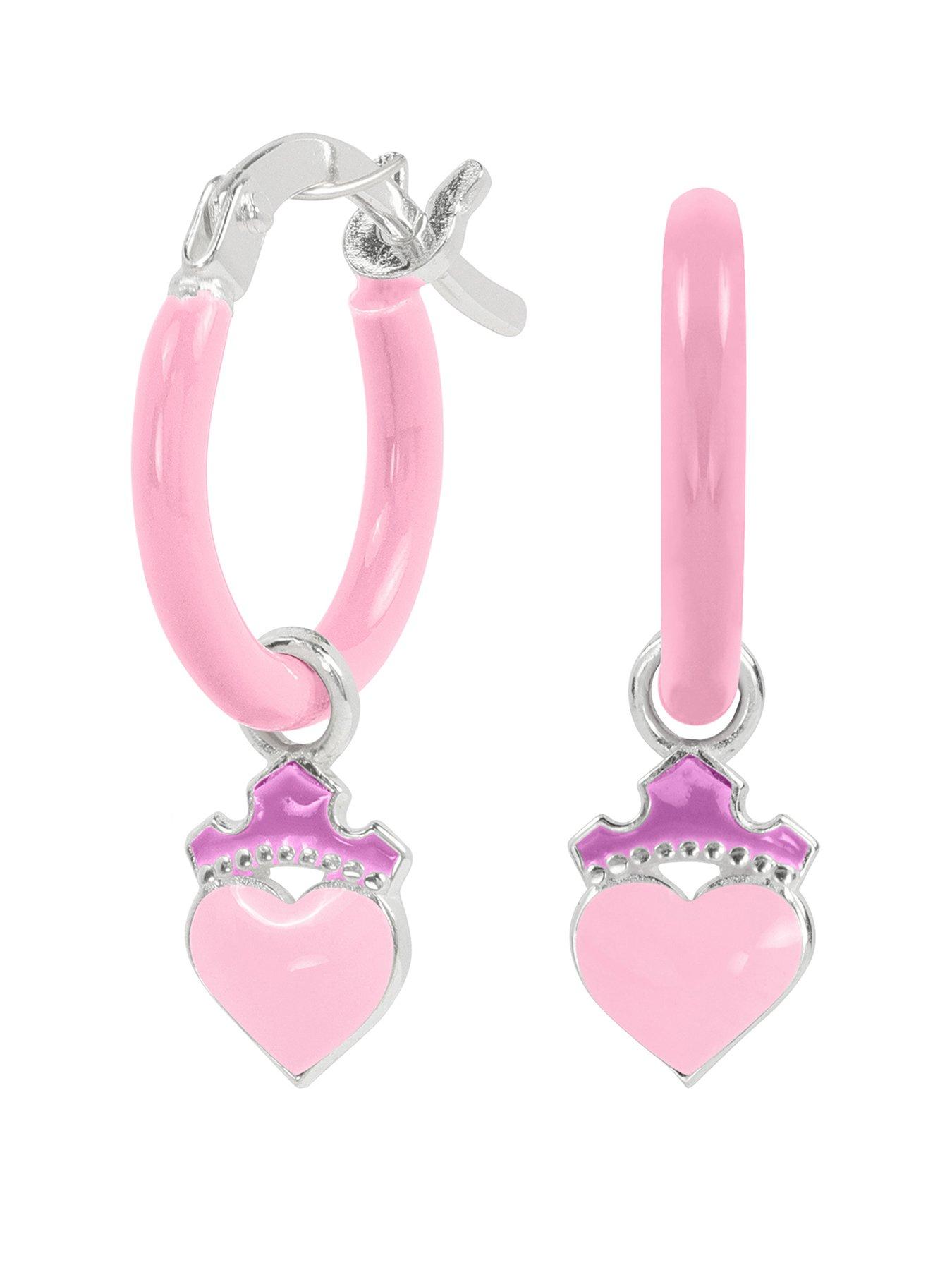 Disney Sterling Silver 925 Disney Princess Enamel Fill Love Heart Huggie Earrings