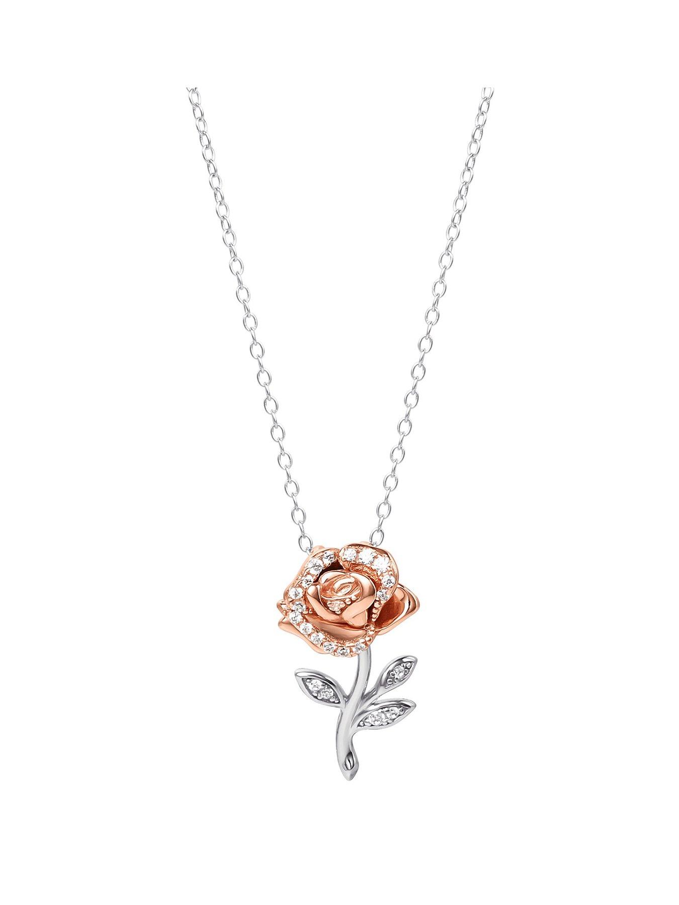 Disney Sterling Silver 925 Beauty  &  Beast Stone Set Rose Necklace