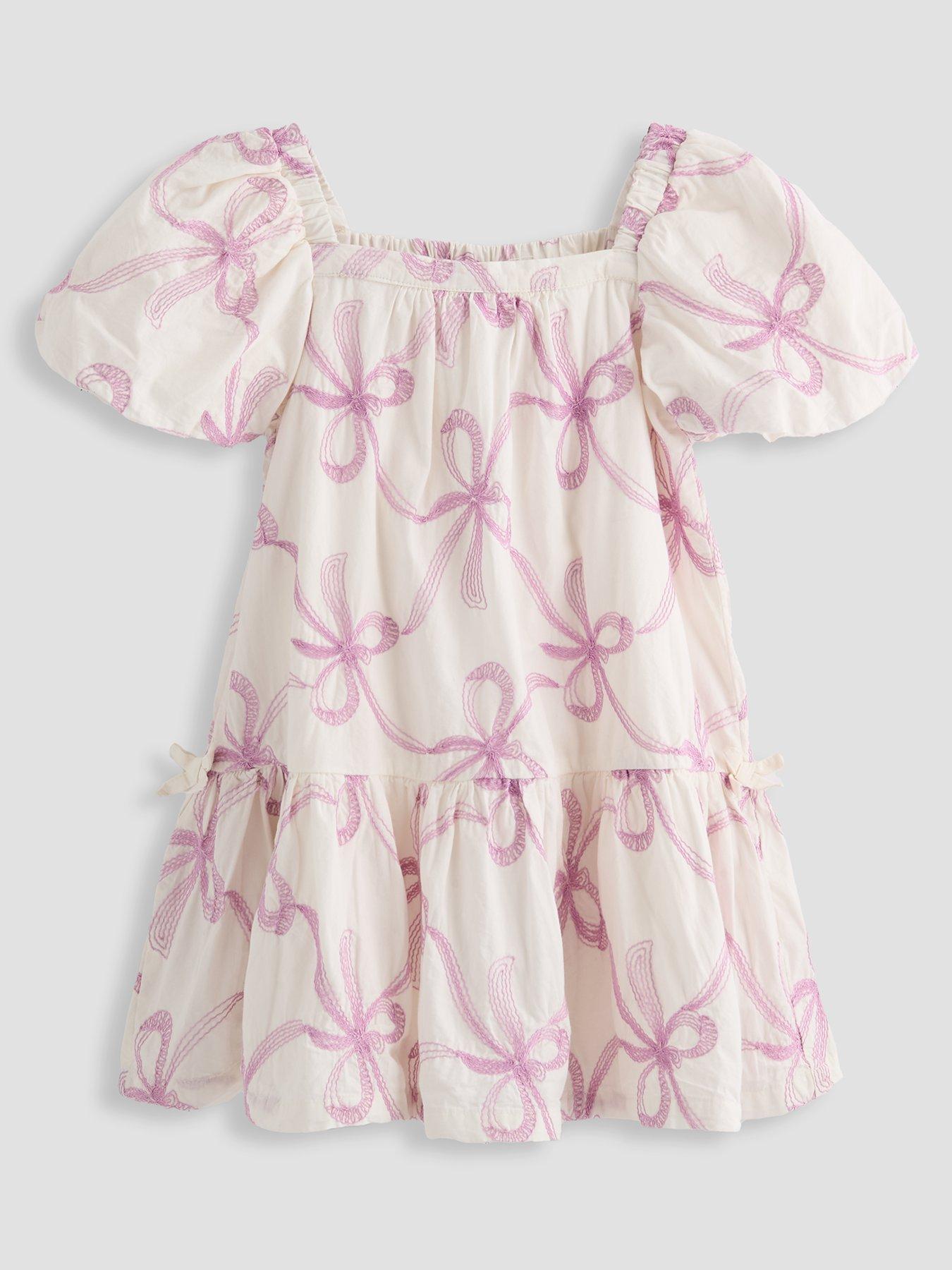 The Very Collection Girls Bow Tiered Woven Dress - White / Purple