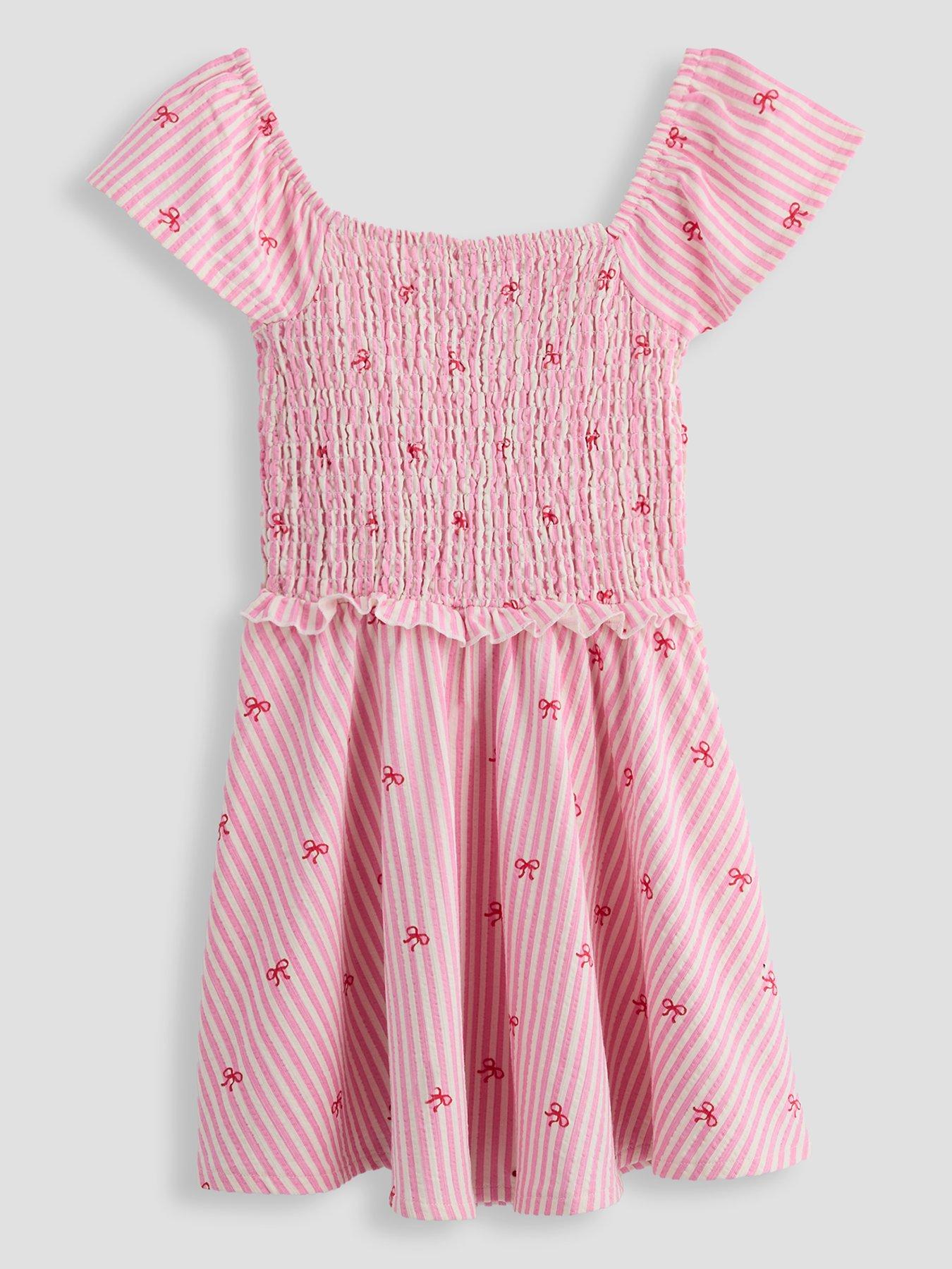 The Very Collection Girls Textured Jersey Striped Bow Print Dress - Pink