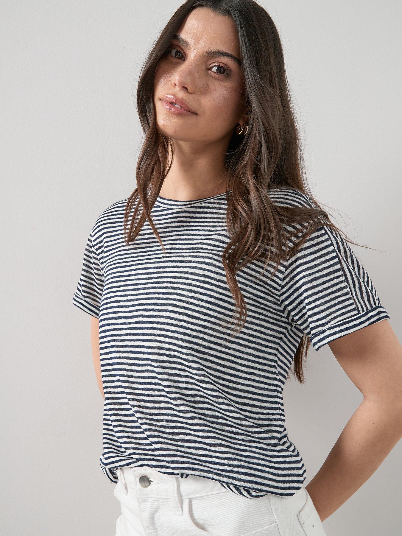 Image 1 of 6 of The Very Collection Navy Stripe Linen Look Tshirt