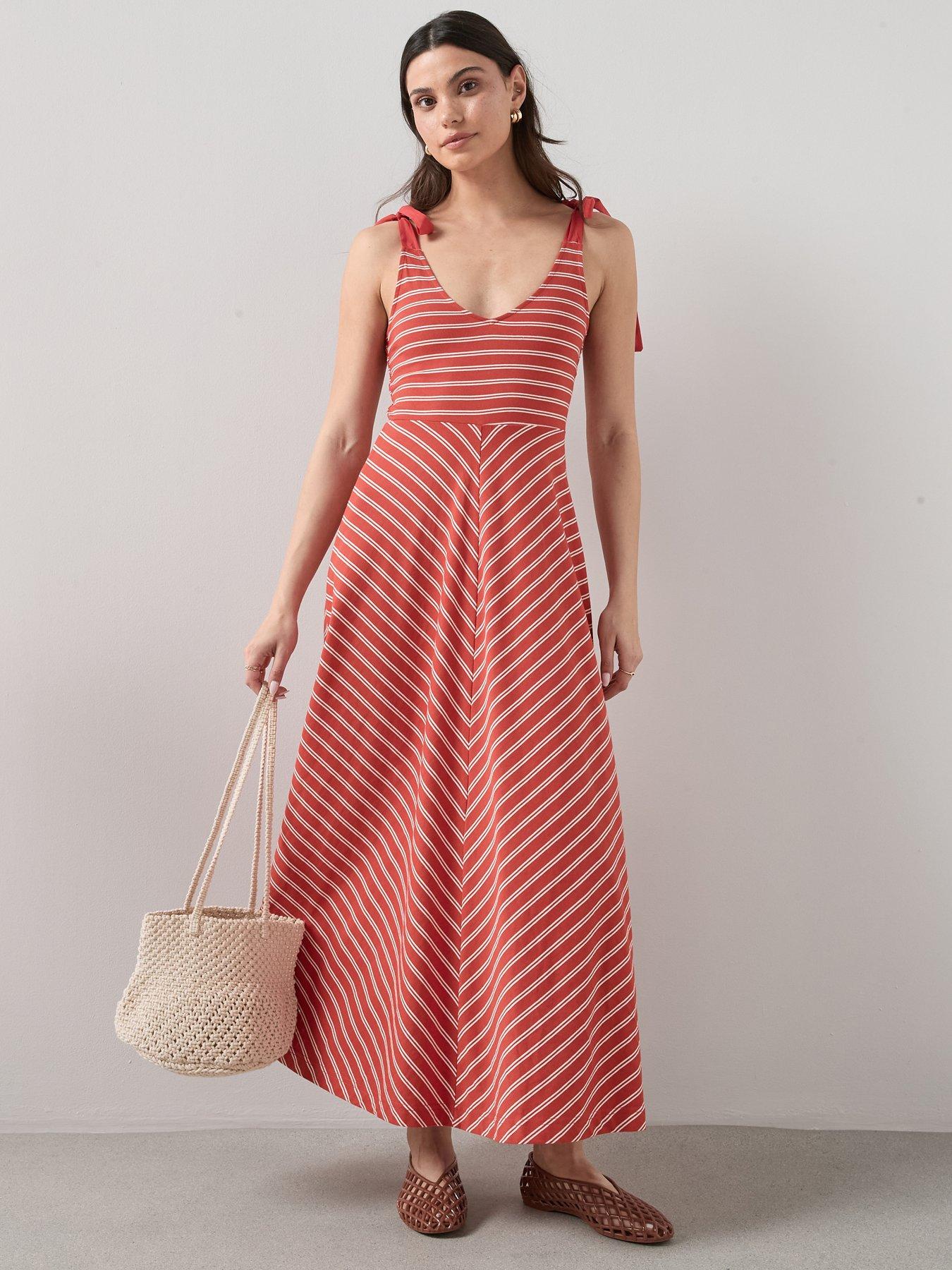 Image 1 of 6 of The Very Collection Tie Shoulder Midi Dress - Red Stripe