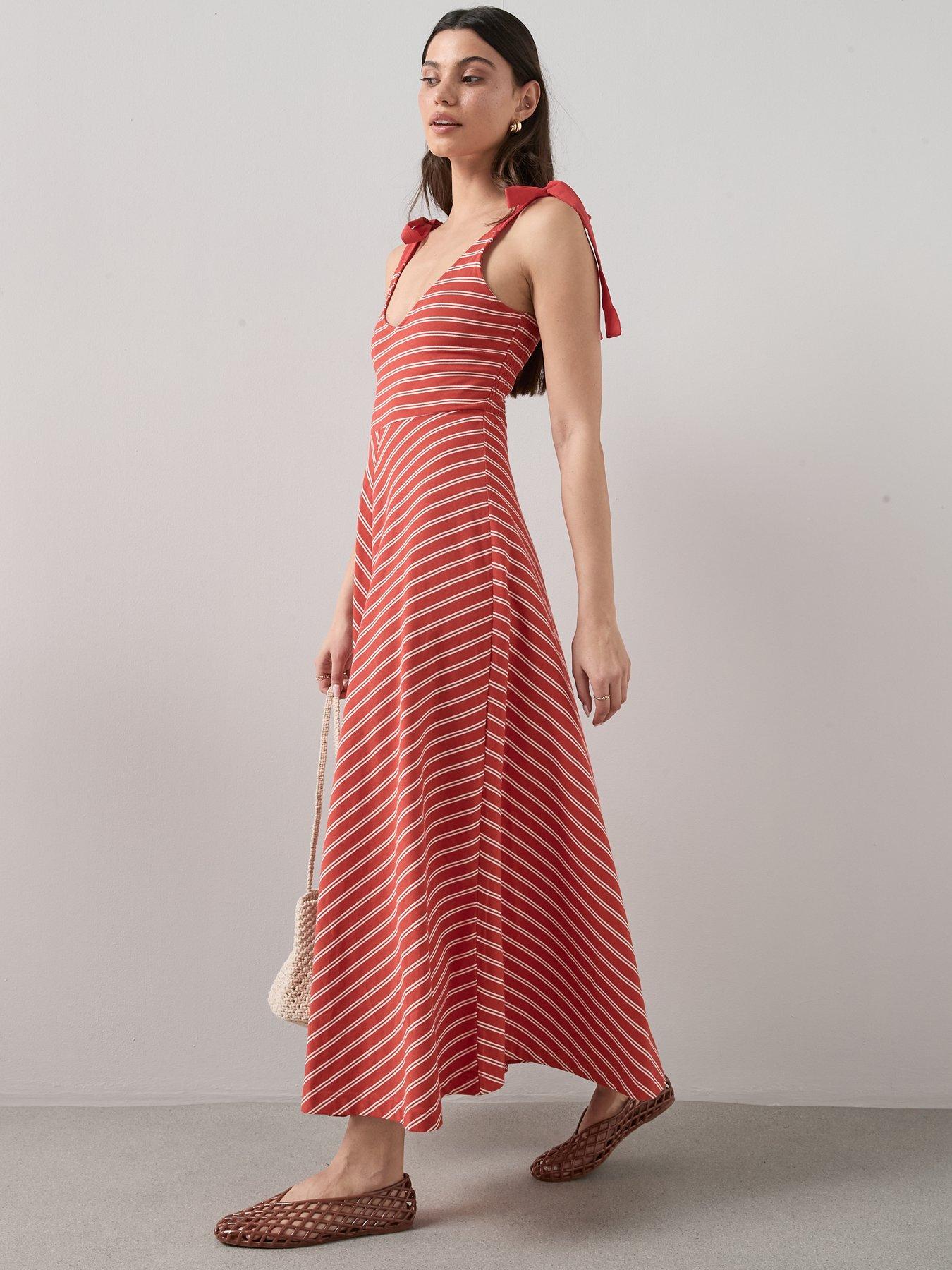 Image 3 of 6 of The Very Collection Tie Shoulder Midi Dress - Red Stripe