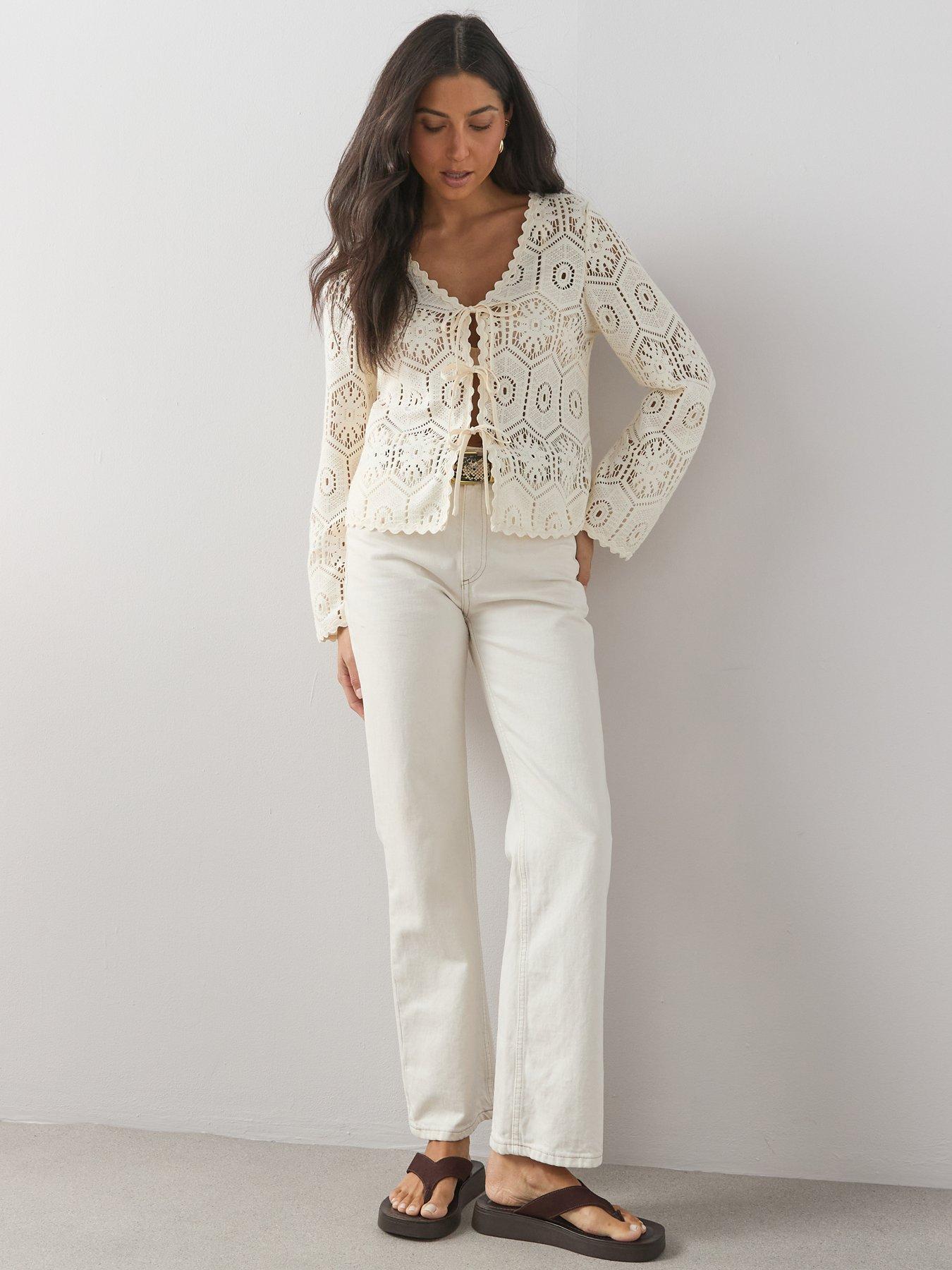 Image 6 of 6 of The Very Collection Long Sleeve Tie Up Crochet Top - Cream