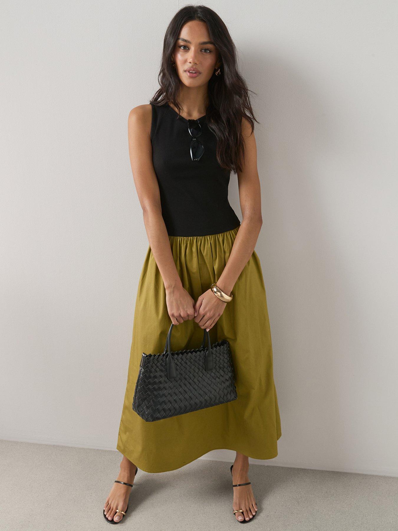 The Very Collection Ribbed Vest Woven Skirt Midi Dress