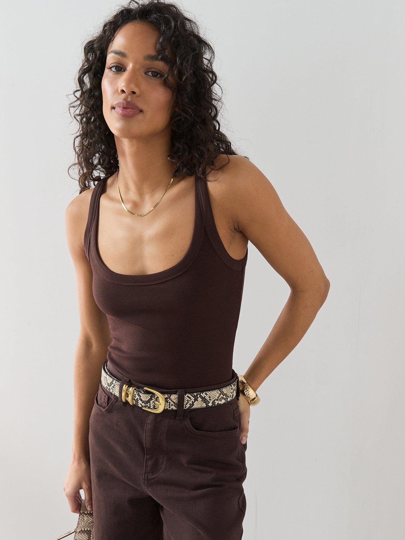 The Very Collection Scoop Neck Rib Vest - Brown
